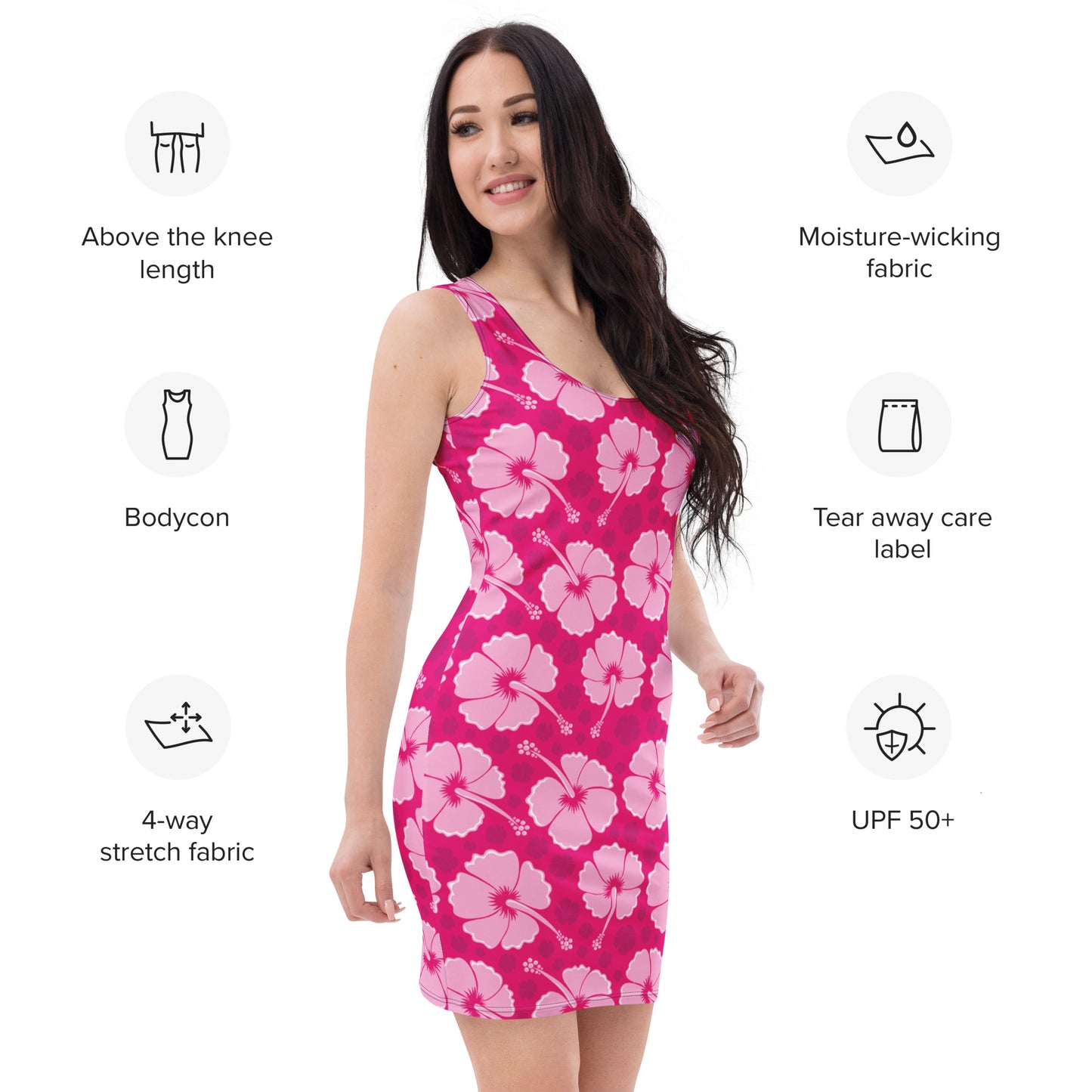 Women's Tropical Pink Hibiscus Bodycon Dress – Buttery Soft Fit With UPF 50+ Sun Protection
