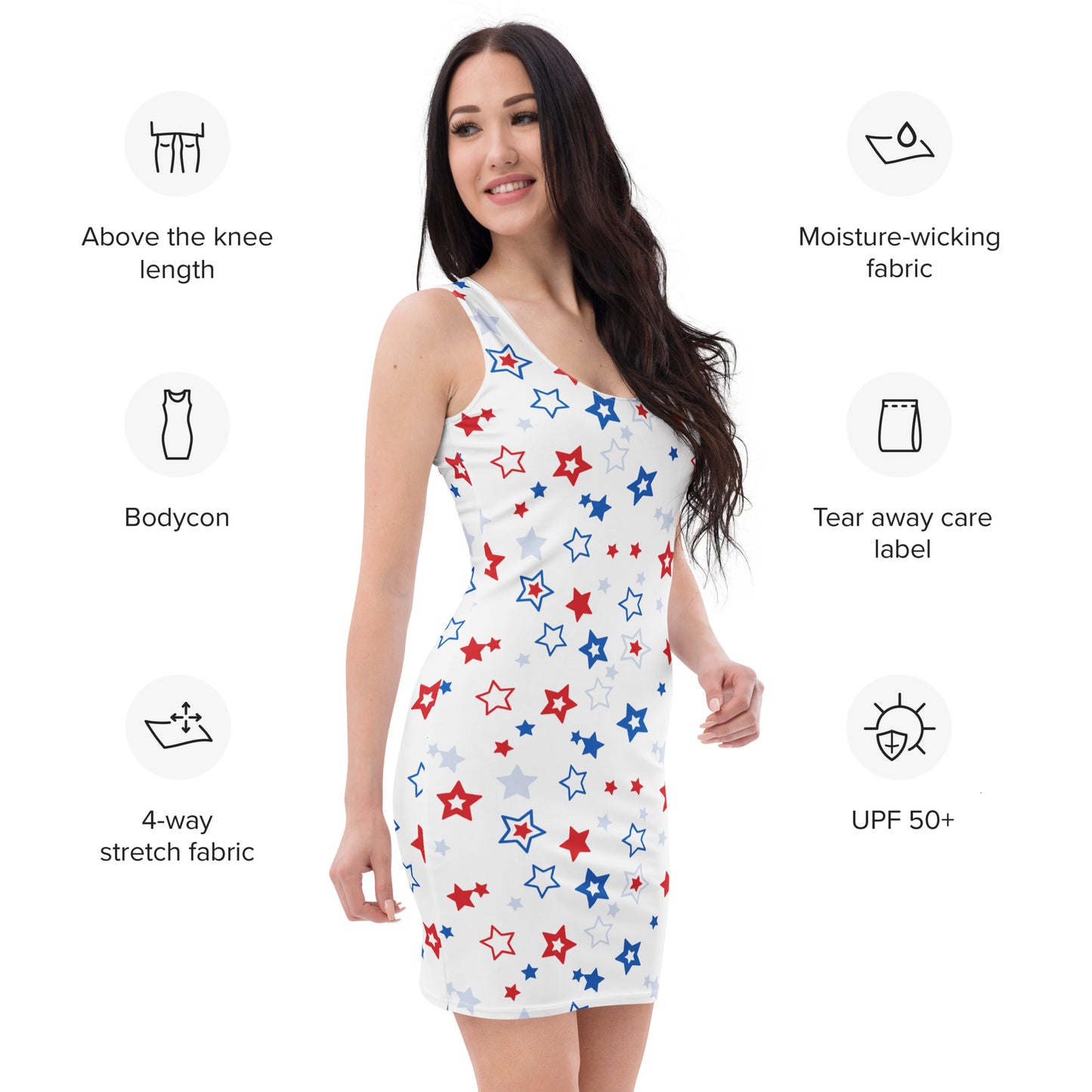 Women's Red, White & Blue Star Bodycon Dress – Buttery Soft Fit With UPF 50+ Sun Protection