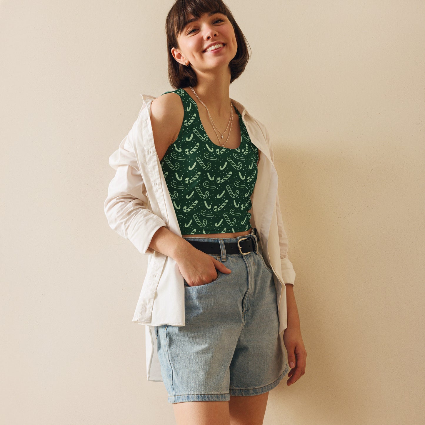 Women's Green Candy Cane Christmas Buttery Soft Crop Top