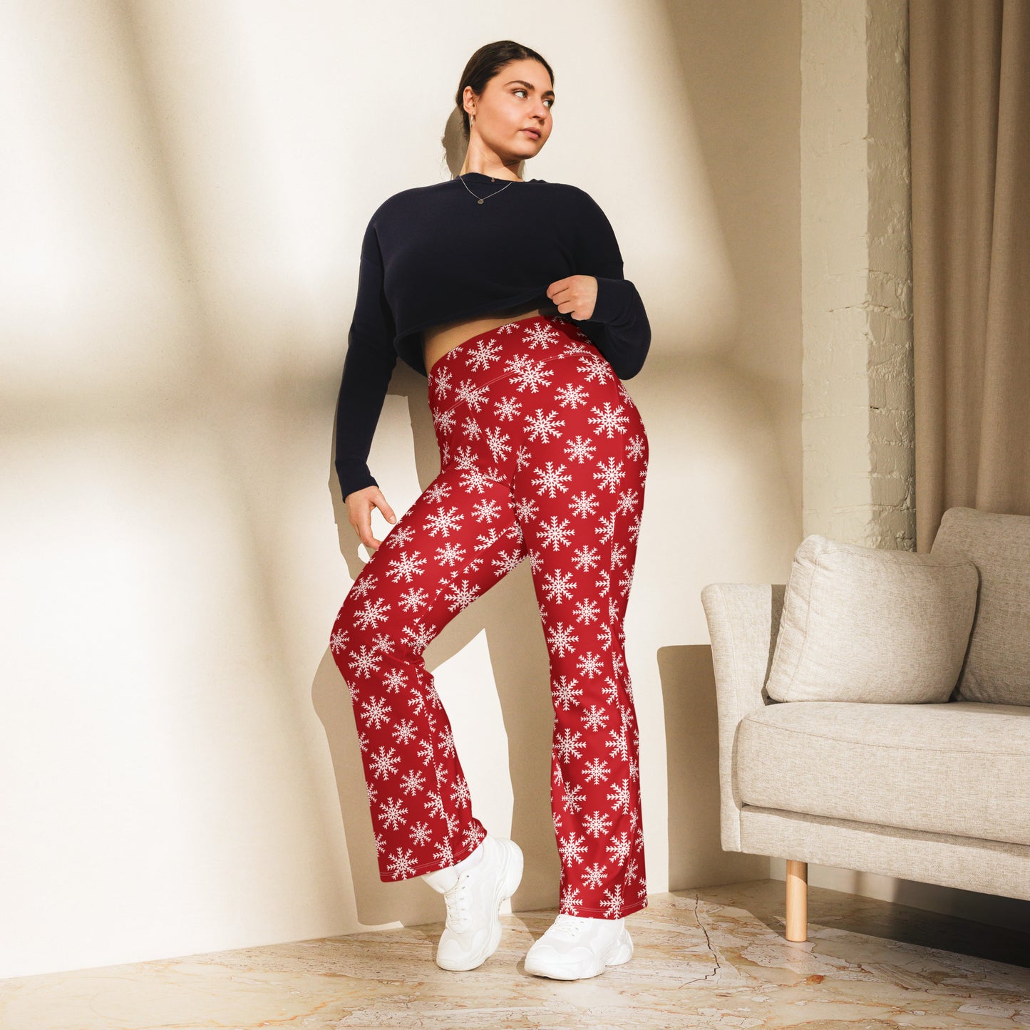 Women's Red Snowflake High Waist Flare Legging Pants