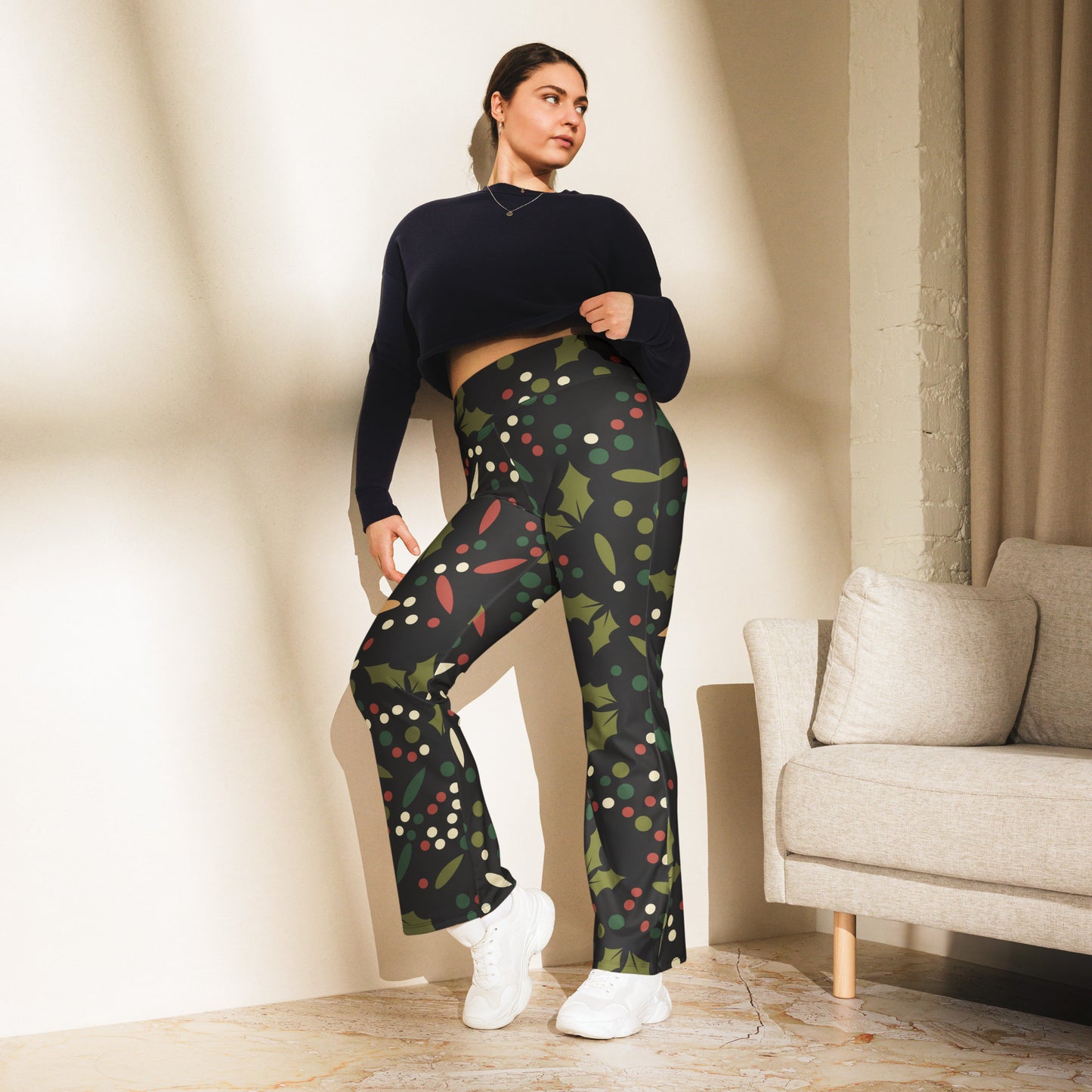 Women's Holly Print Christmas High Waist Flare Legging Pants