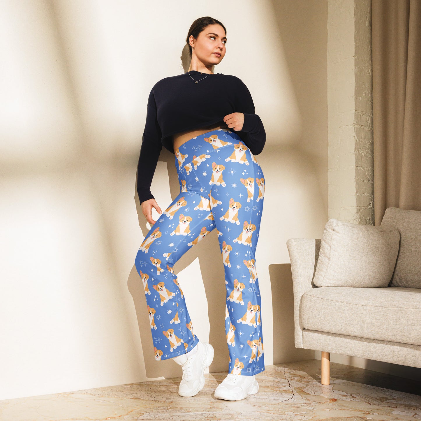 Women's Blue Corgi Dog High Waist Flare Legging Pants