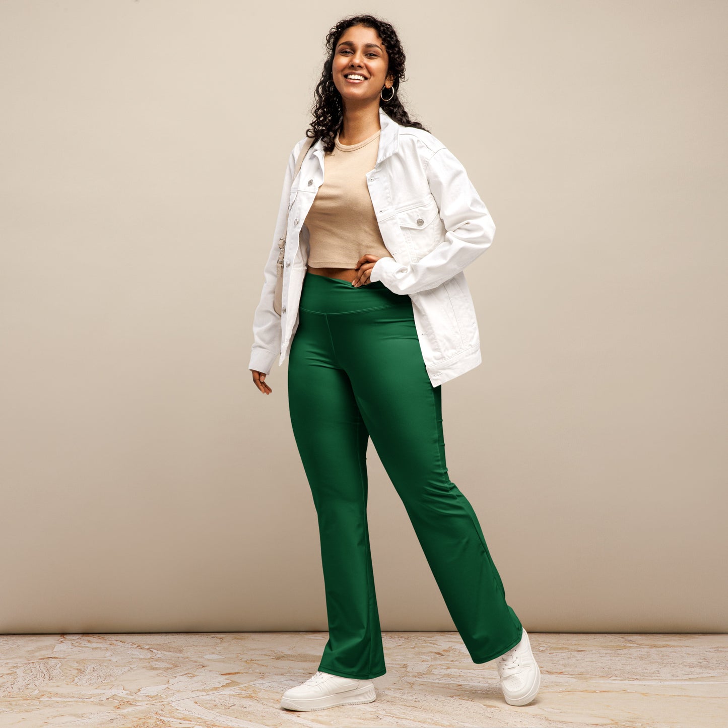 Women's Dark Green High Waist Flare Legging Pants