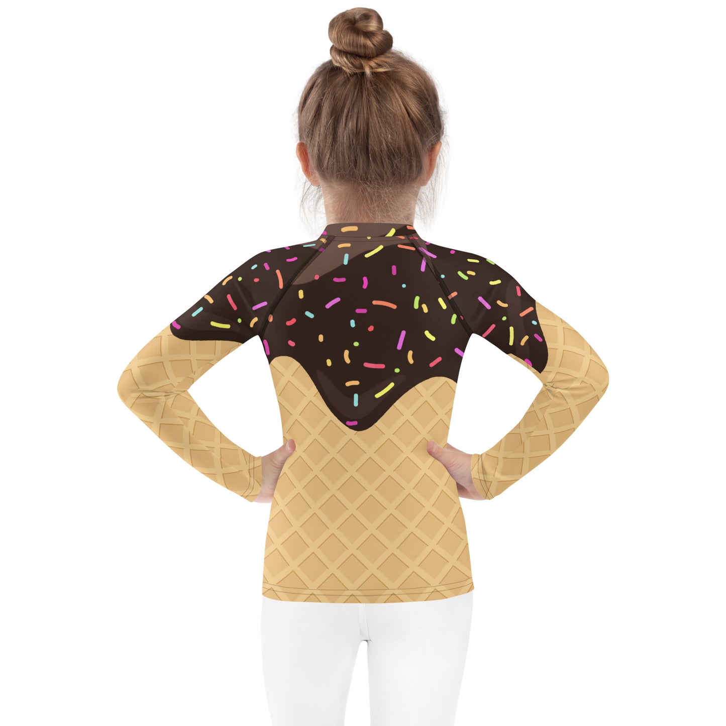 Kids Chocolate Ice Cream Waffle Cone With Sprinkles Long Sleeve Rash Guard Swim Shirt With UPF 50+