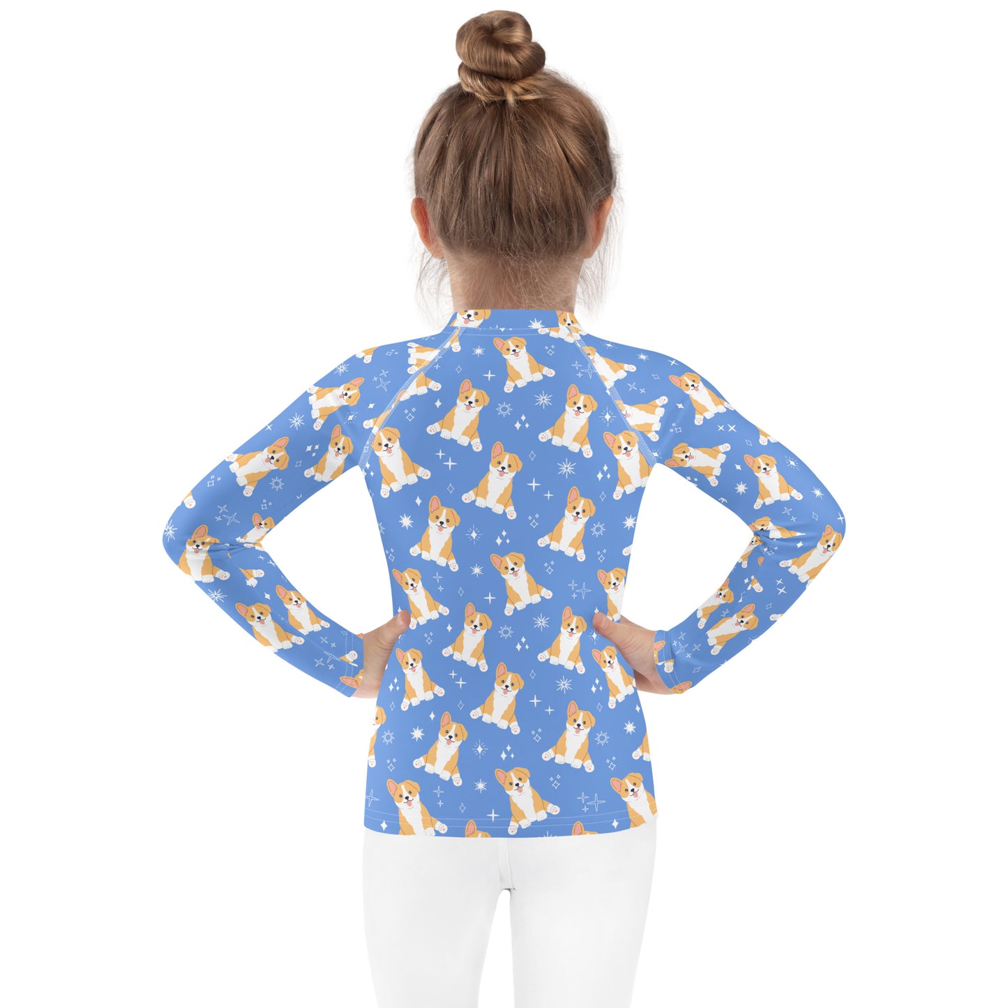 Kids Blue Corgi Dog Long Sleeve Rash Guard Swim Shirt With UPF 50+