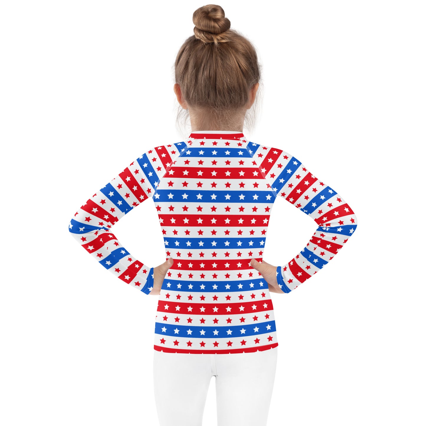Kids Red, White & Blue Stars And Stripes USA Long Sleeve Rash Guard Swim Shirt With UPF 50+