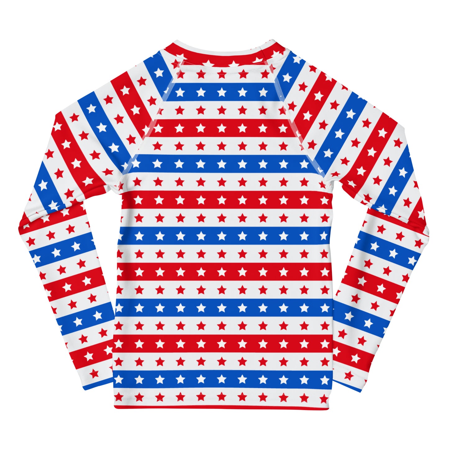 Kids Red, White & Blue Stars And Stripes USA Long Sleeve Rash Guard Swim Shirt With UPF 50+
