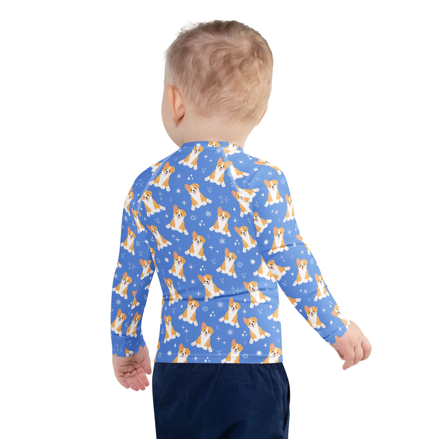 Birthday Boy Blue Corgi Dog Long Sleeve Rash Guard Swim Shirt With UPF 50+