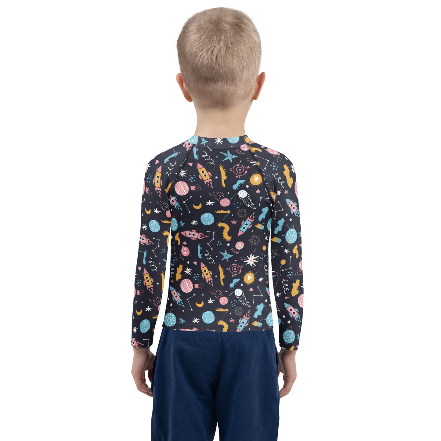 Birthday Boy Outer Space Long Sleeve Rash Guard Swim Shirt With UPF 50+