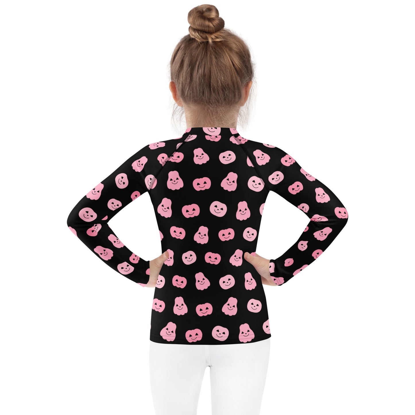 Girls Pink Pumpkins Halloween Long Sleeve Rash Guard Swim Shirt With UPF 50+