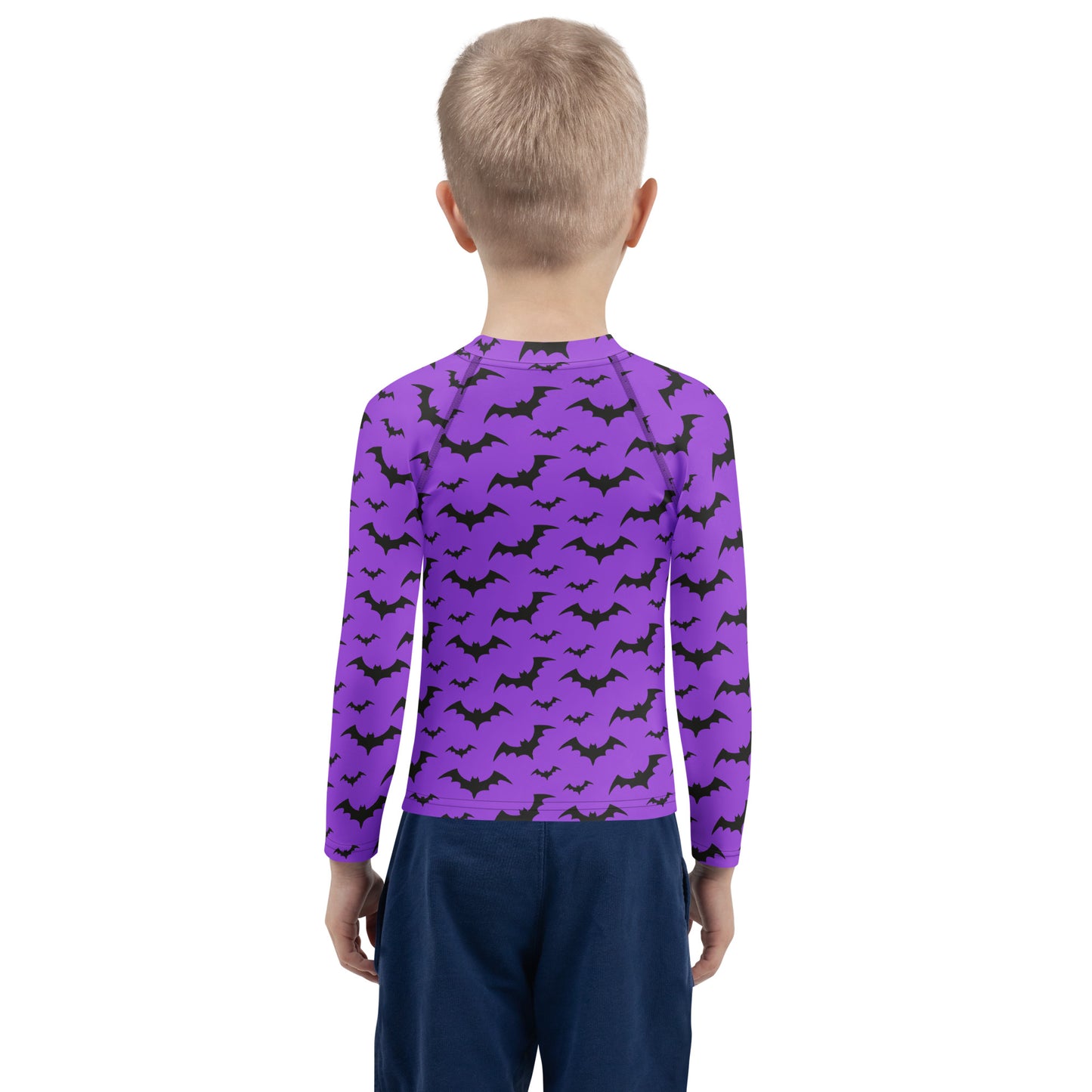 Kids Purple Bats Halloween Long Sleeve Rash Guard Swim Shirt With UPF 50+