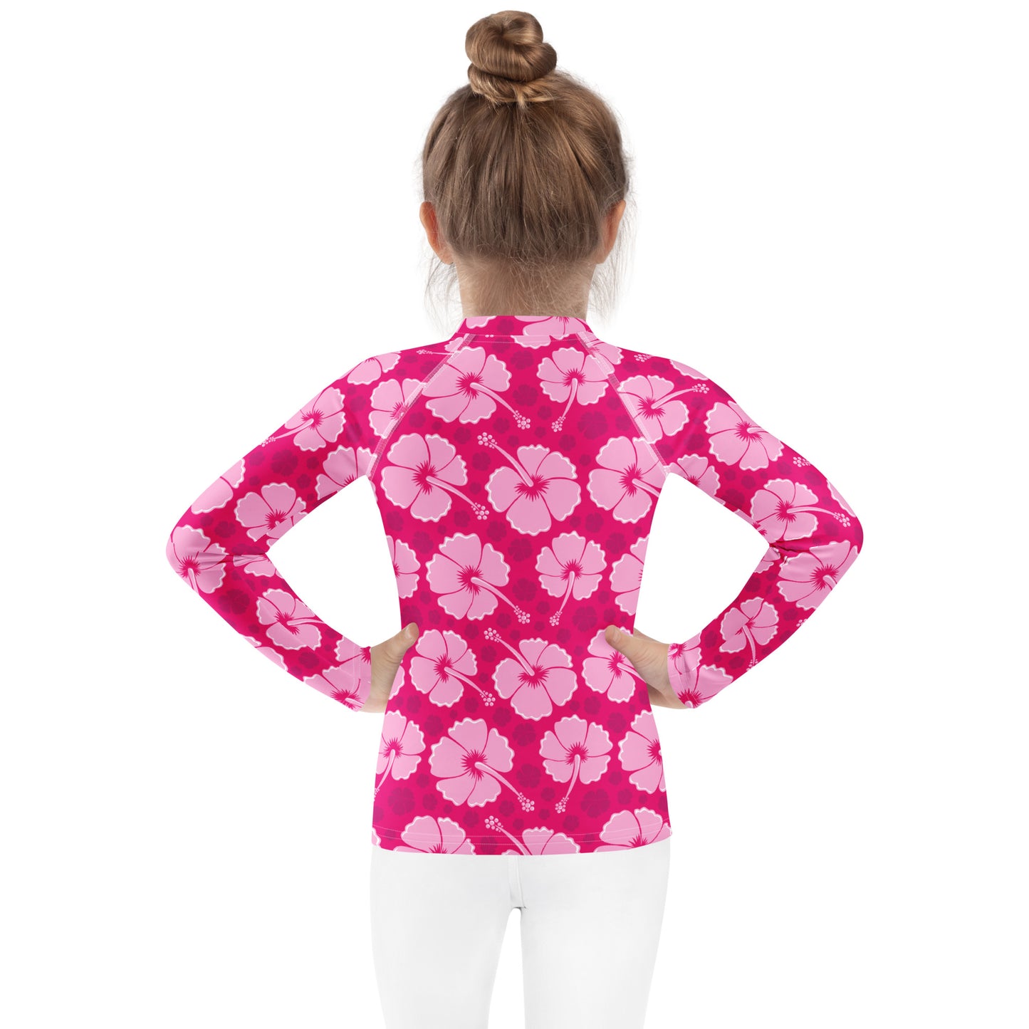 Girls Tropical Pink Hibiscus Long Sleeve Rash Guard Swim Shirt With UPF 50+
