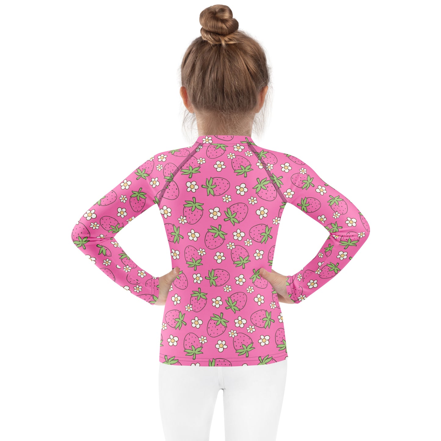 Girls Pink Strawberry Long Sleeve Rash Guard Swim Shirt With UPF 50+