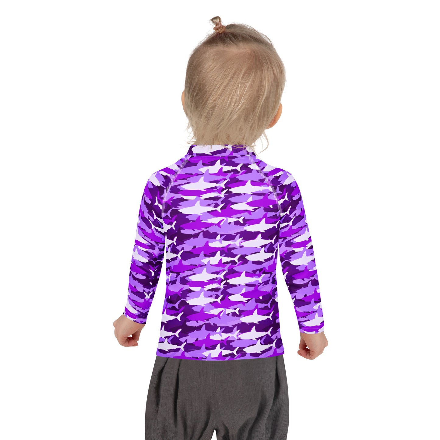 Girls Purple Shark Long Sleeve Rash Guard Swim Shirt With UPF 50+