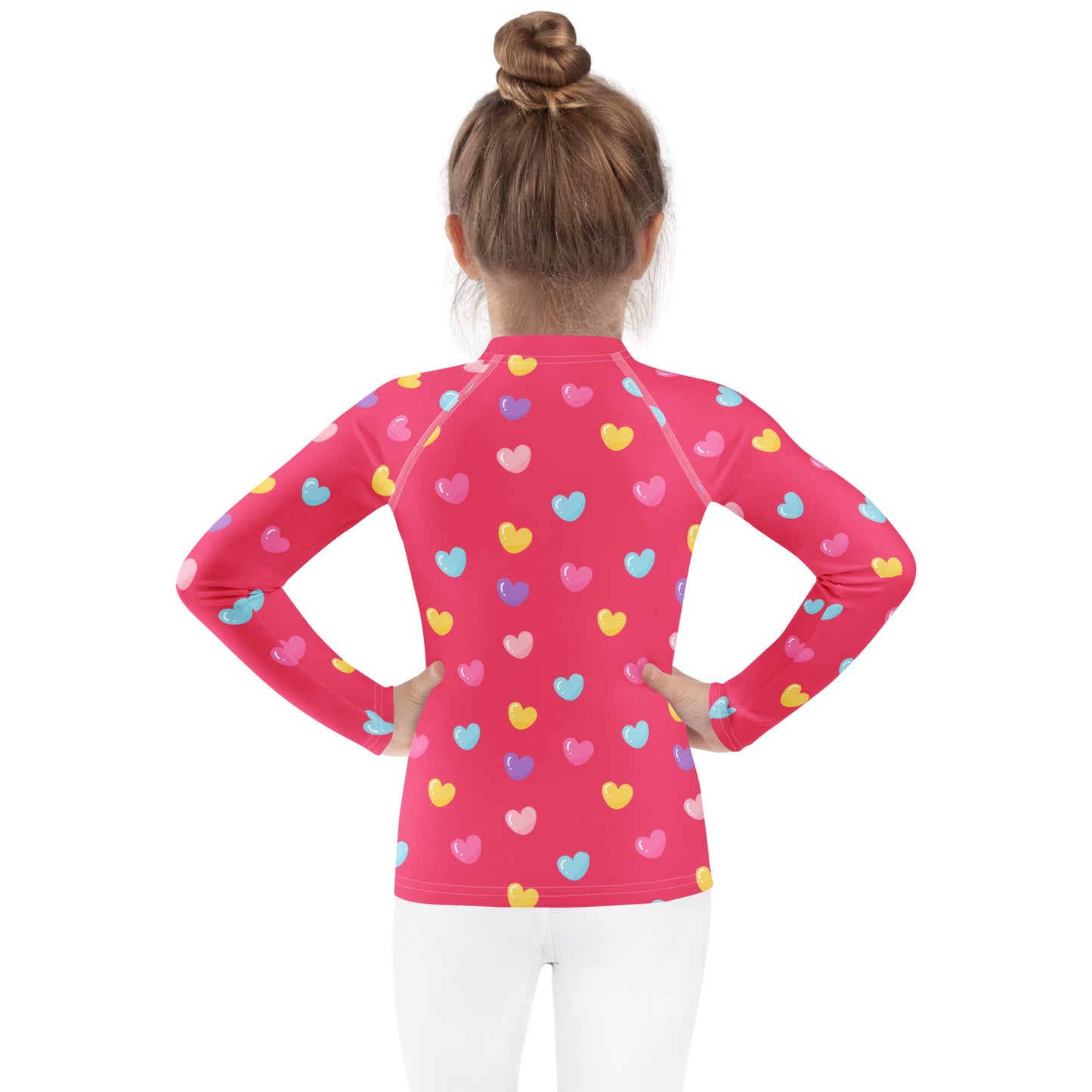 Girls Colorful Hearts Pink Long Sleeve Rash Guard Swim Shirt With UPF 50+
