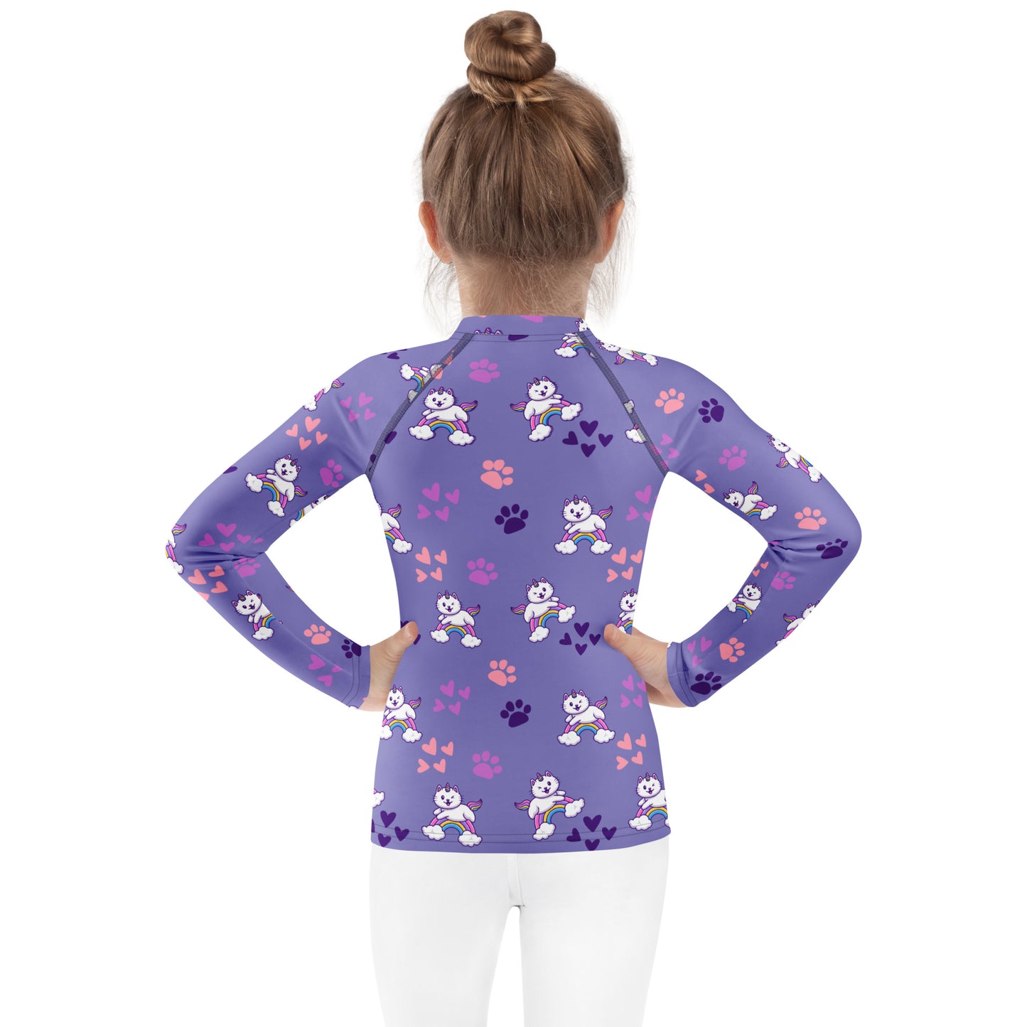 Girls Purple Caticorn Long Sleeve Rash Guard Swim Shirt With UPF 50+