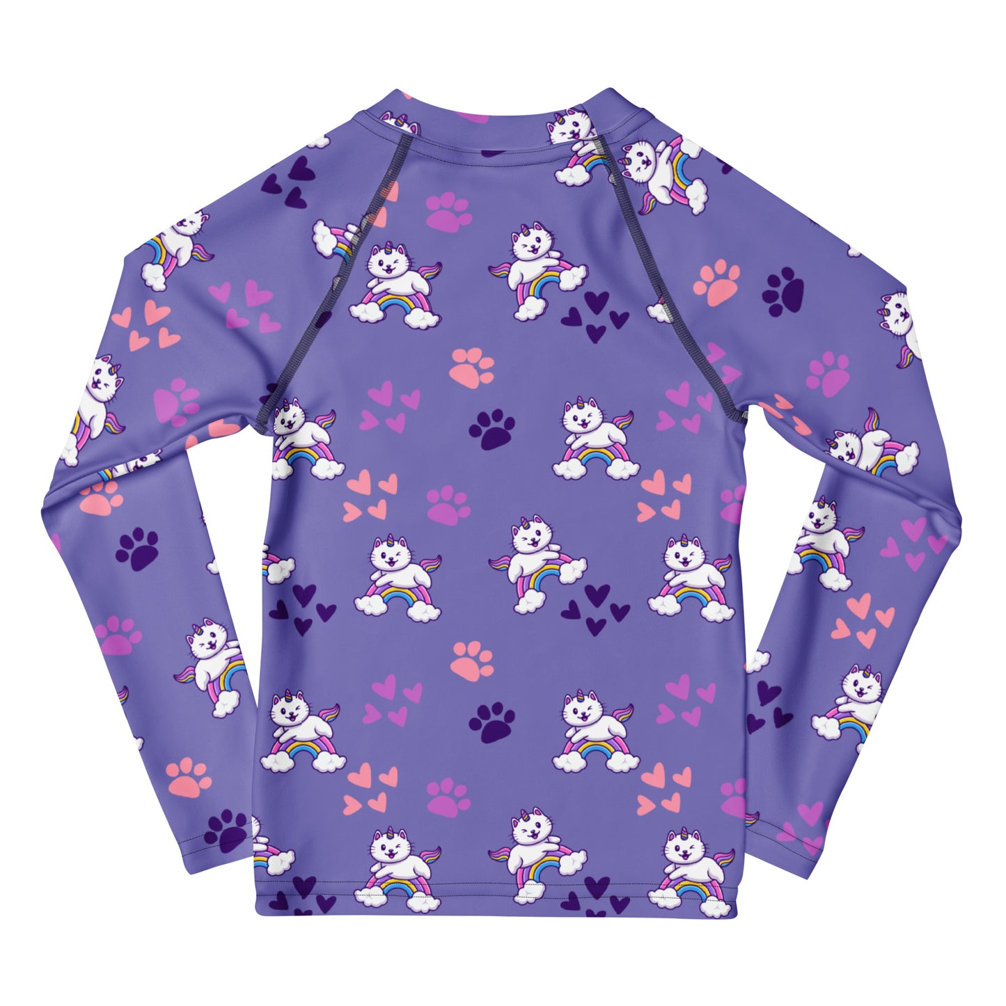 Girls Purple Caticorn Long Sleeve Rash Guard Swim Shirt With UPF 50+