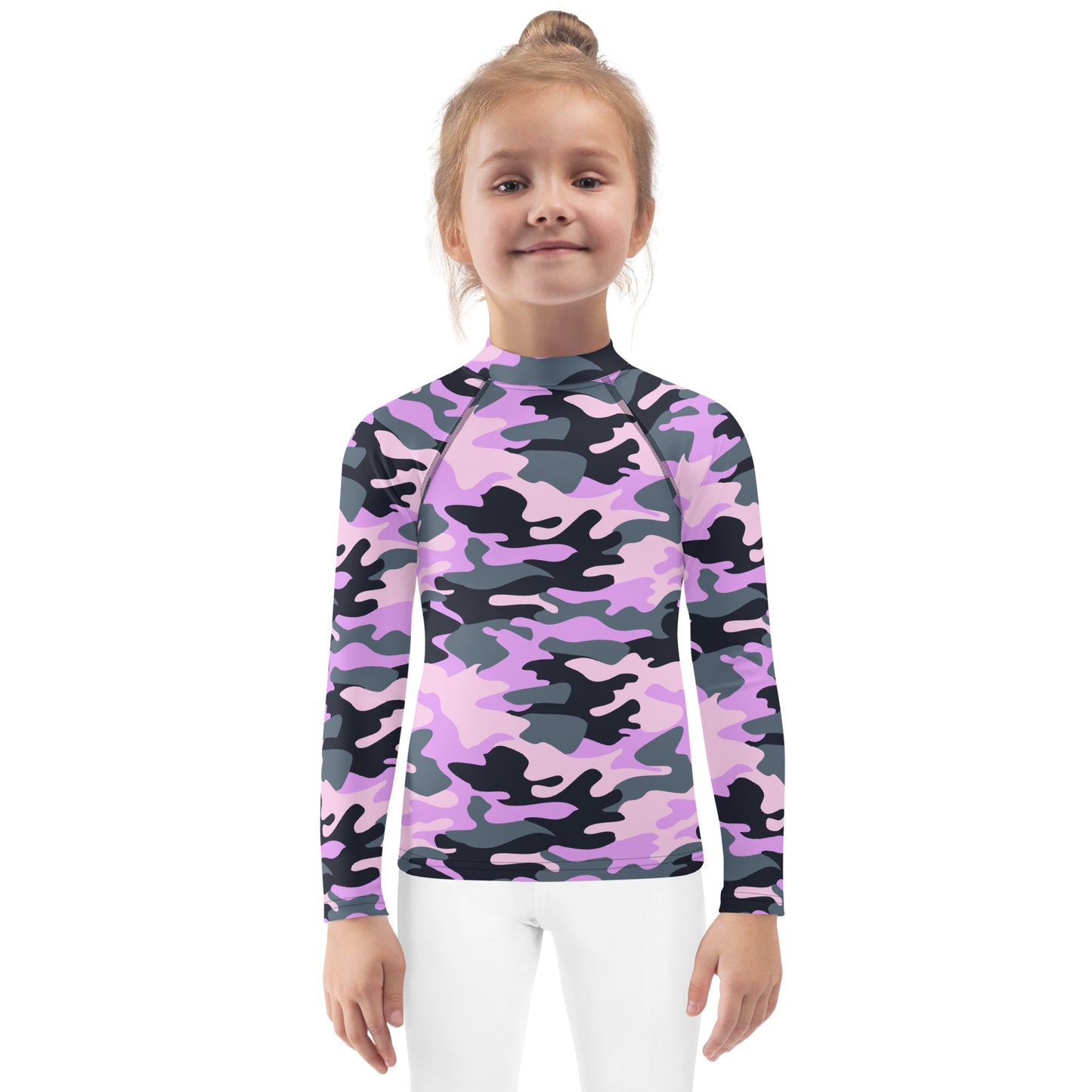Girls Purple Camouflage Long Sleeve Rash Guard Swim Shirt With UPF 50+