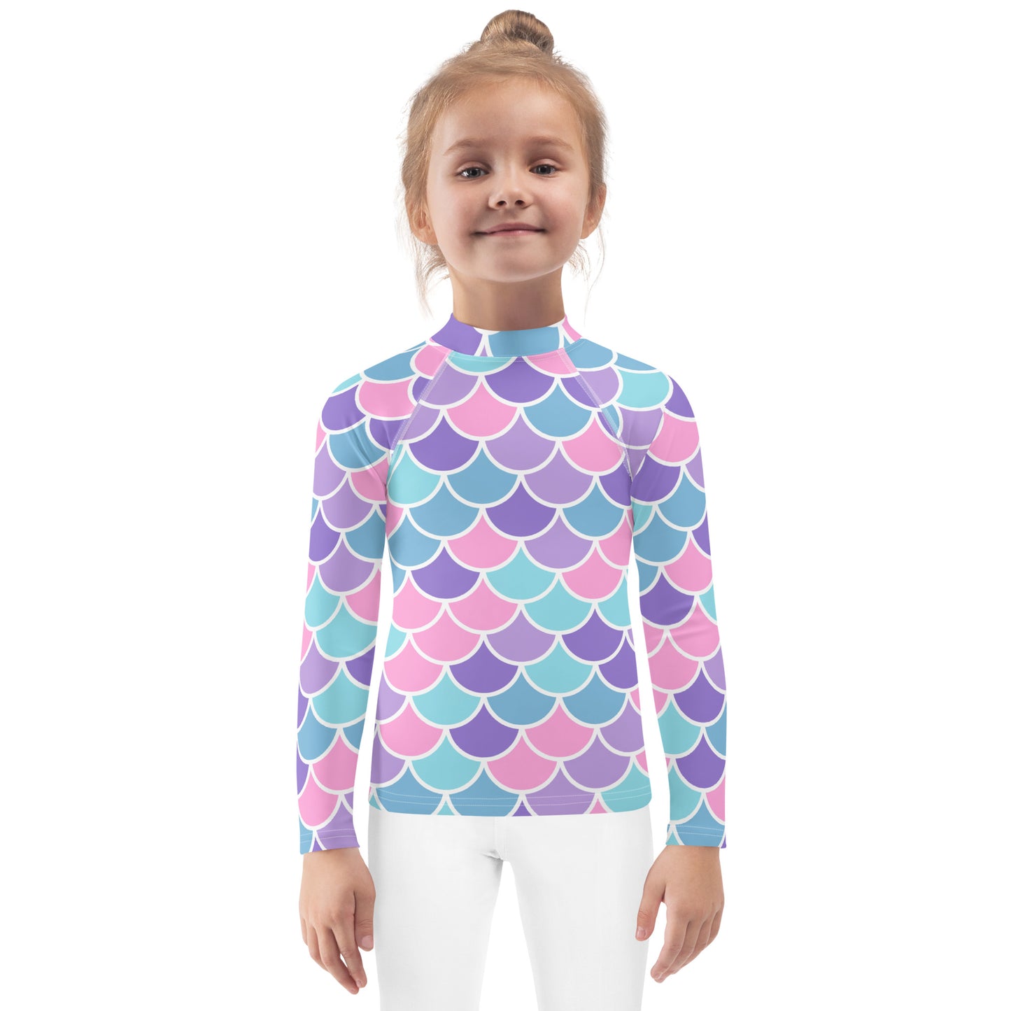 Girls Pastel Mermaid Scales Long Sleeve Rash Guard Swim Shirt With UPF 50+