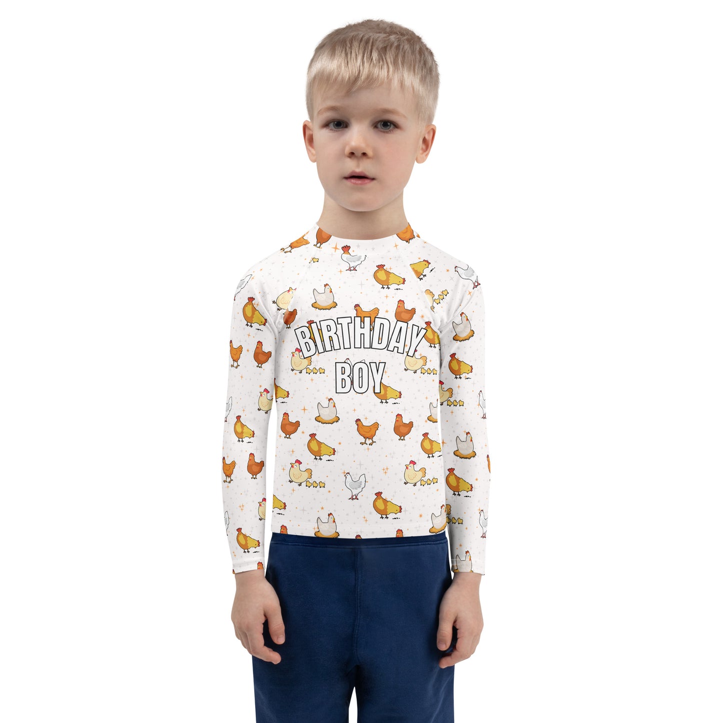 Birthday Boy Chicken Pattern Long Sleeve Rash Guard Swim Shirt With UPF 50+