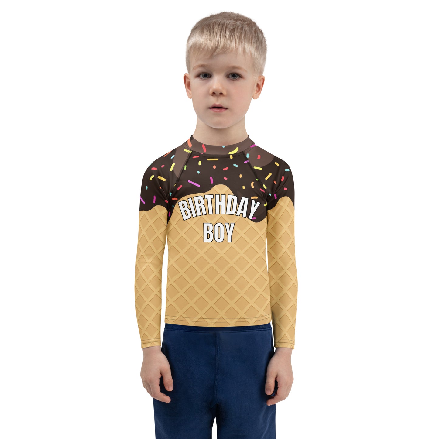Birthday Boy Chocolate Ice Cream Cone Long Sleeve Rash Guard Swim Shirt With UPF 50+