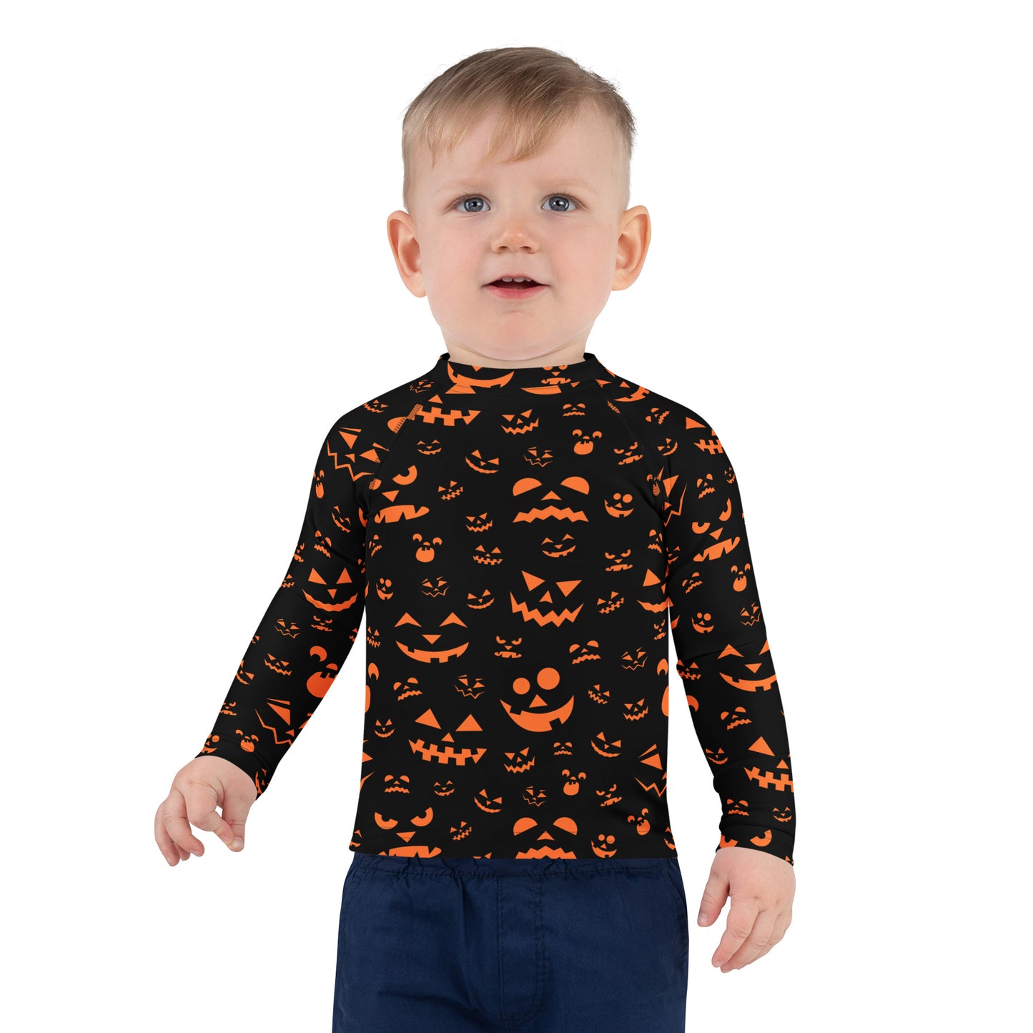 Kids Orange Jack-O'-Lantern Faces Halloween Long Sleeve Rash Guard Swim Shirt With UPF 50+
