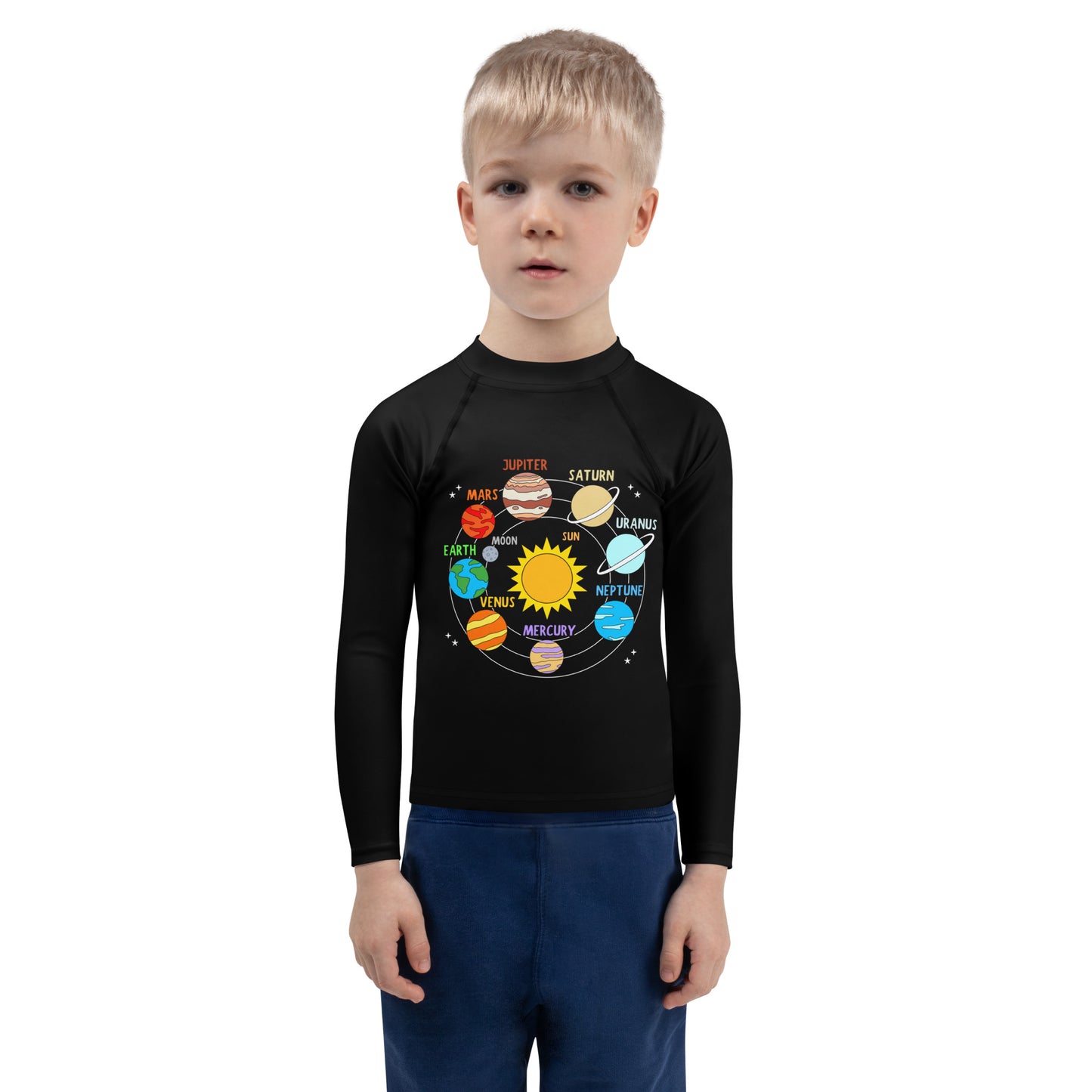Kids Solar System Planets Long Sleeve Rash Guard Swim Shirt With UPF 50+