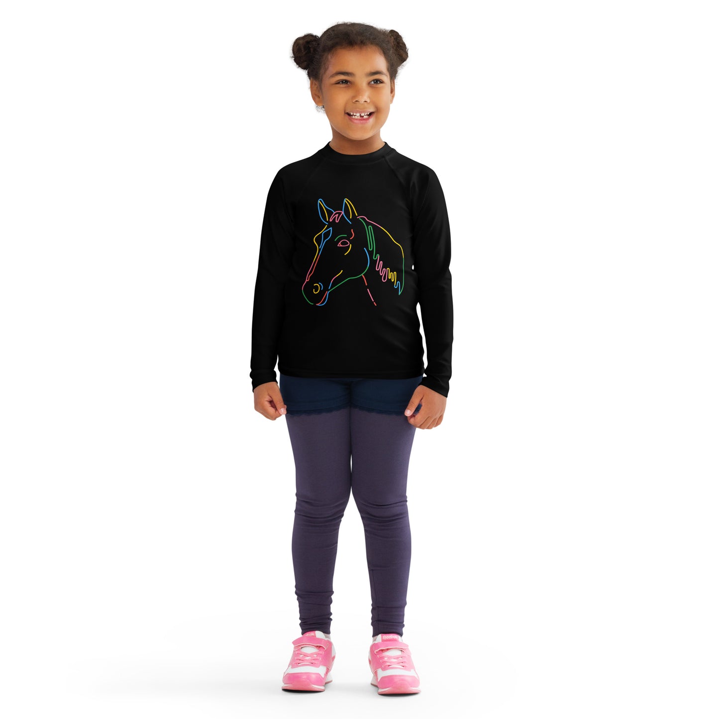 Kids Colorful Horse Outline Long Sleeve Rash Guard Swim Shirt With UPF 50+