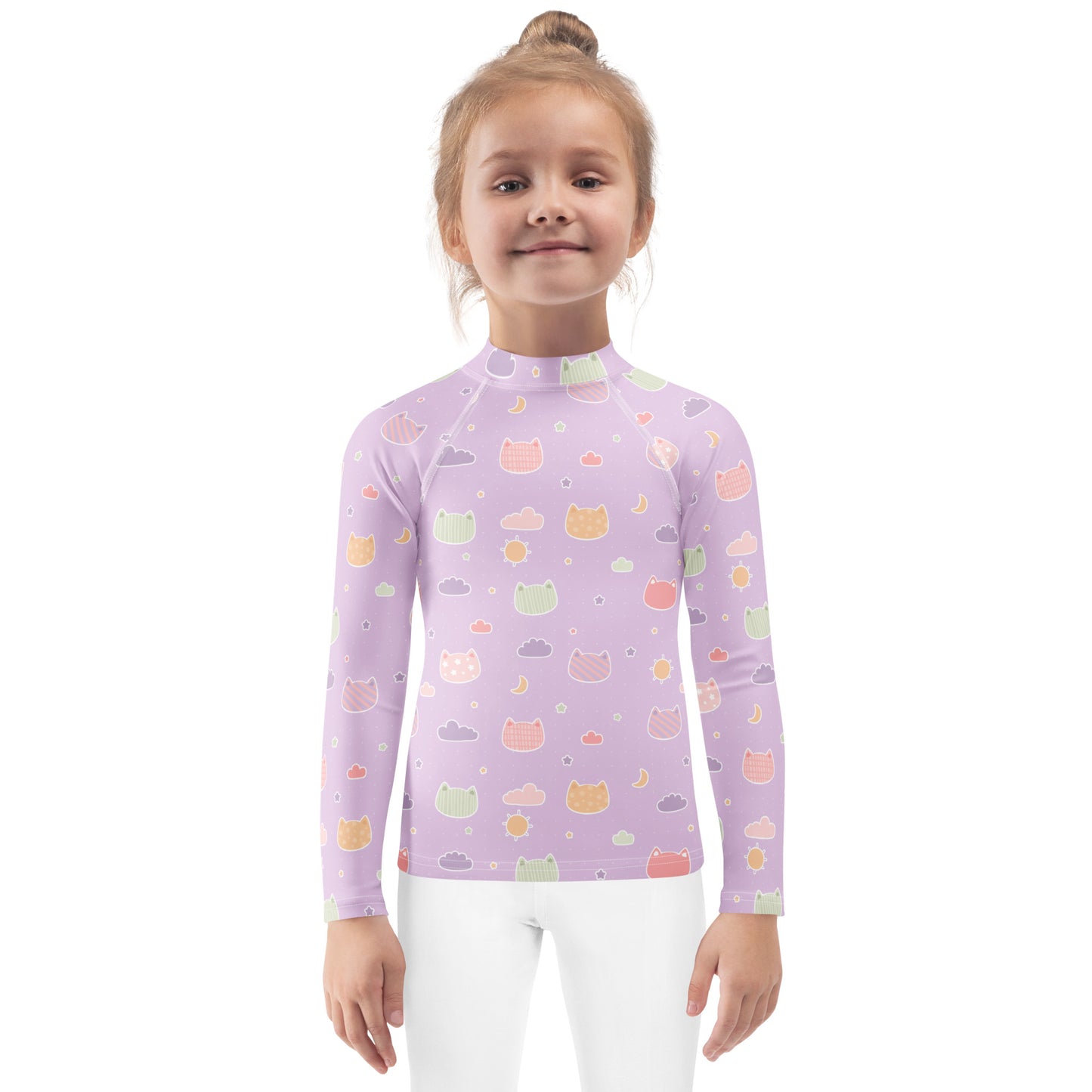 Girls Pastel Purple Kawaii Cats & Clouds Long Sleeve Rash Guard Swim Shirt With UPF 50+
