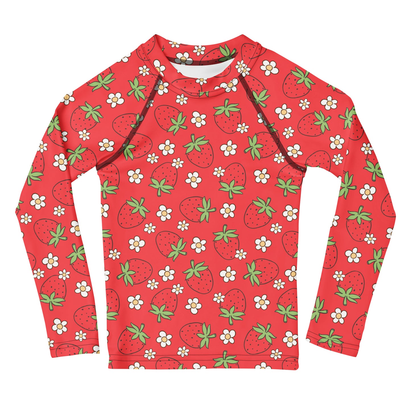 Kids Red Strawberry Long Sleeve Rash Guard Swim Shirt With UPF 50+