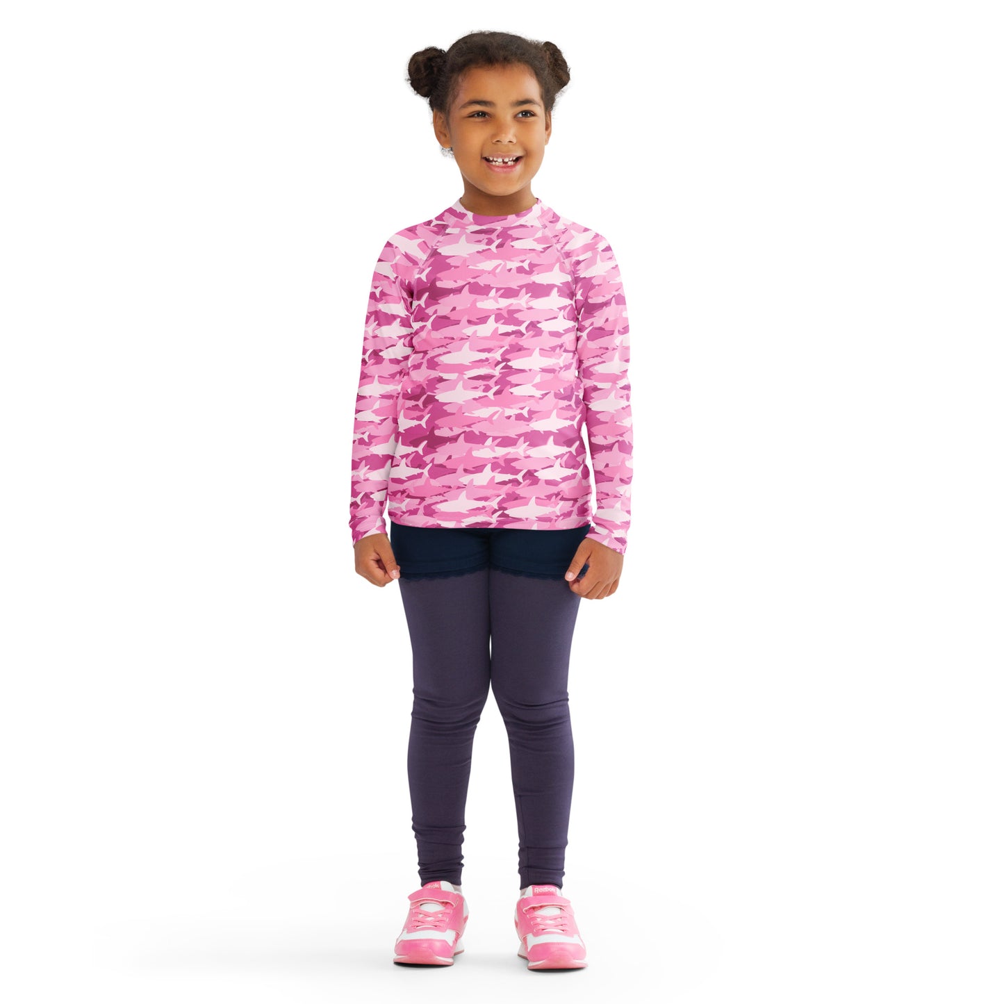 Girls Pink Shark Long Sleeve Rash Guard Swim Shirt With UPF 50+