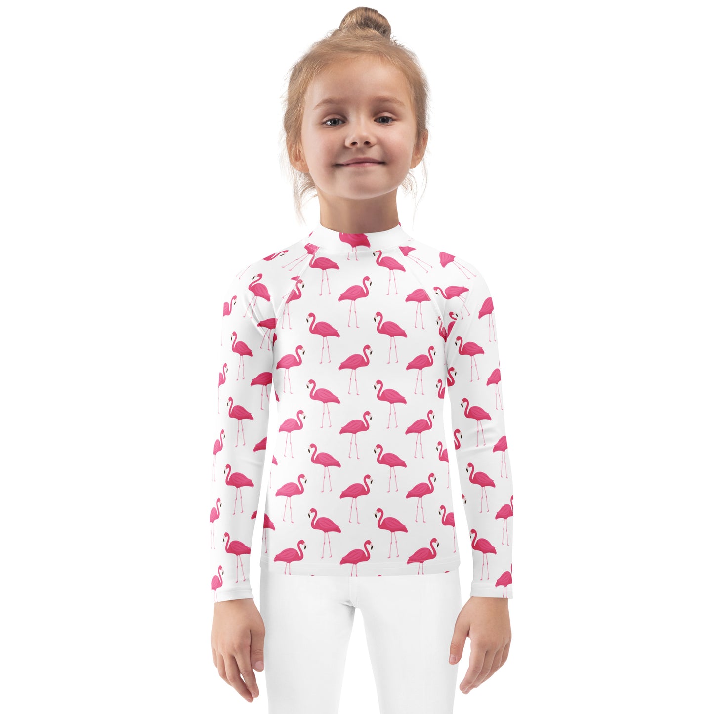 Kids Pink Flamingo Long Sleeve Rash Guard Swim Shirt With UPF 50+