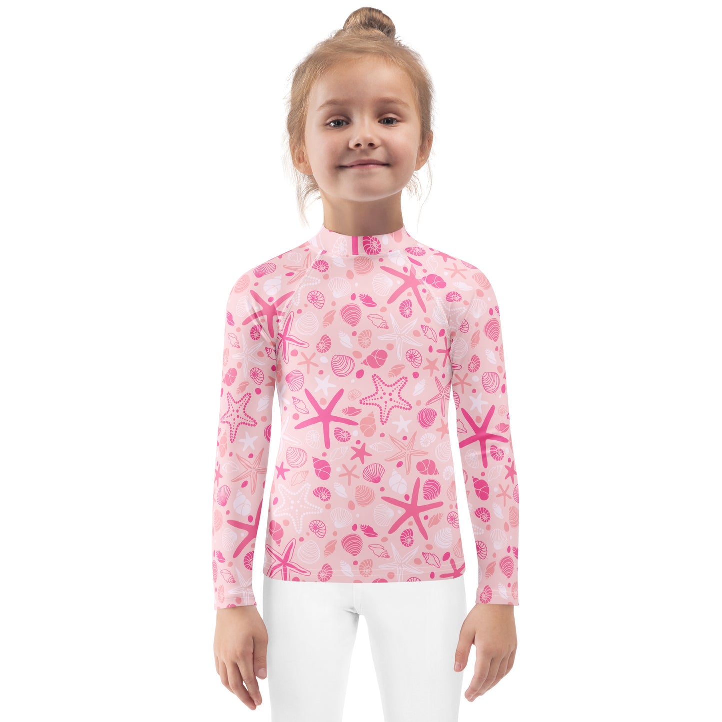 Girls Pink Starfish & Seashell Long Sleeve Rash Guard Swim Shirt With UPF 50+