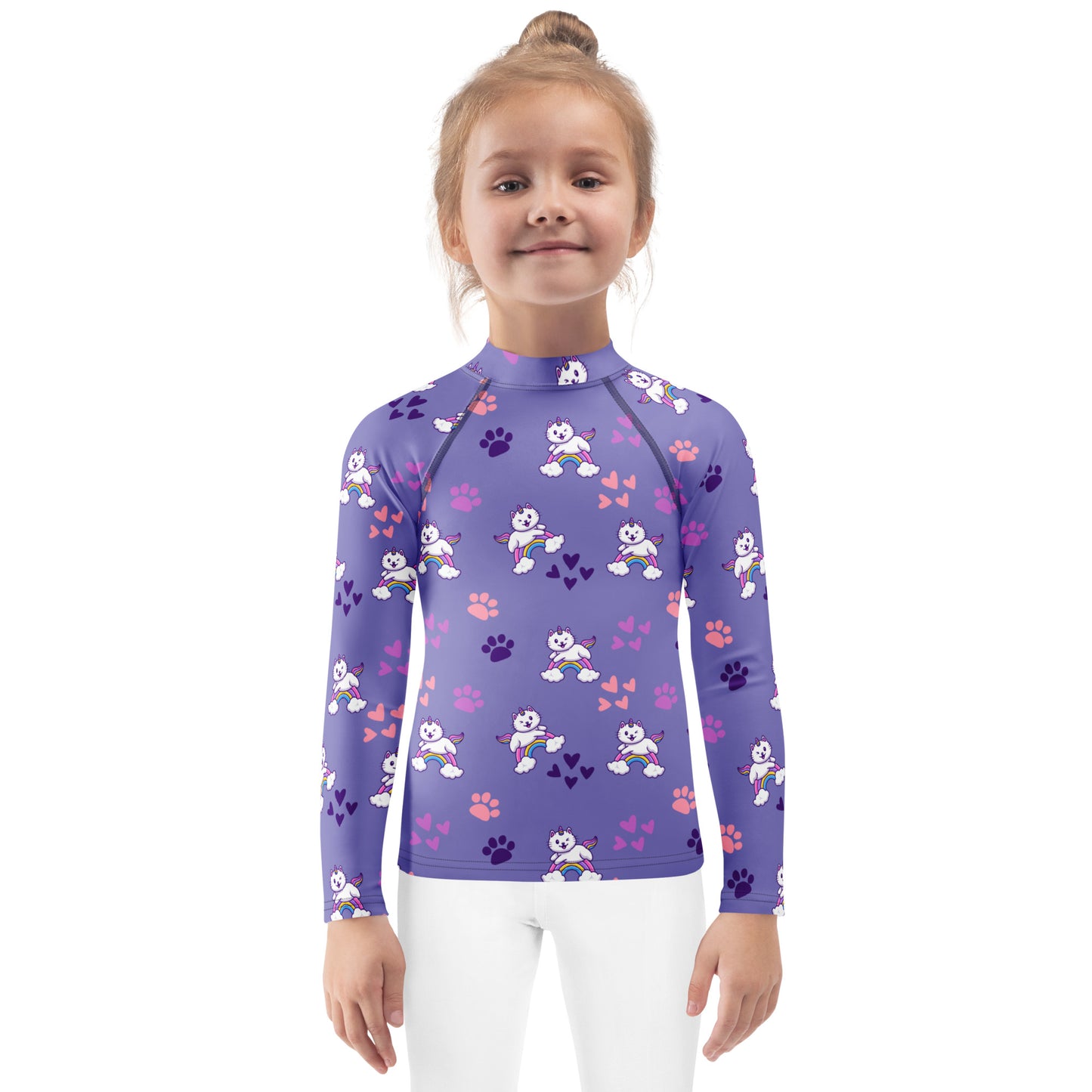 Girls Purple Caticorn Long Sleeve Rash Guard Swim Shirt With UPF 50+