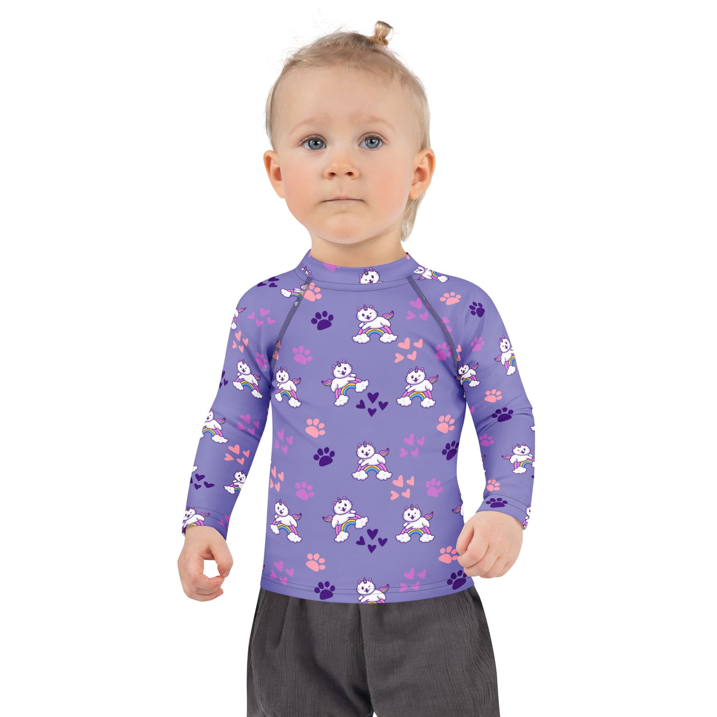 Girls Purple Caticorn Long Sleeve Rash Guard Swim Shirt With UPF 50+