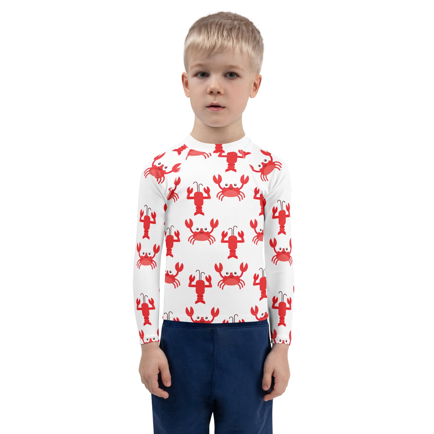 Kids Red Crab & Lobster Long Sleeve Rash Guard Swim Shirt With UPF 50+