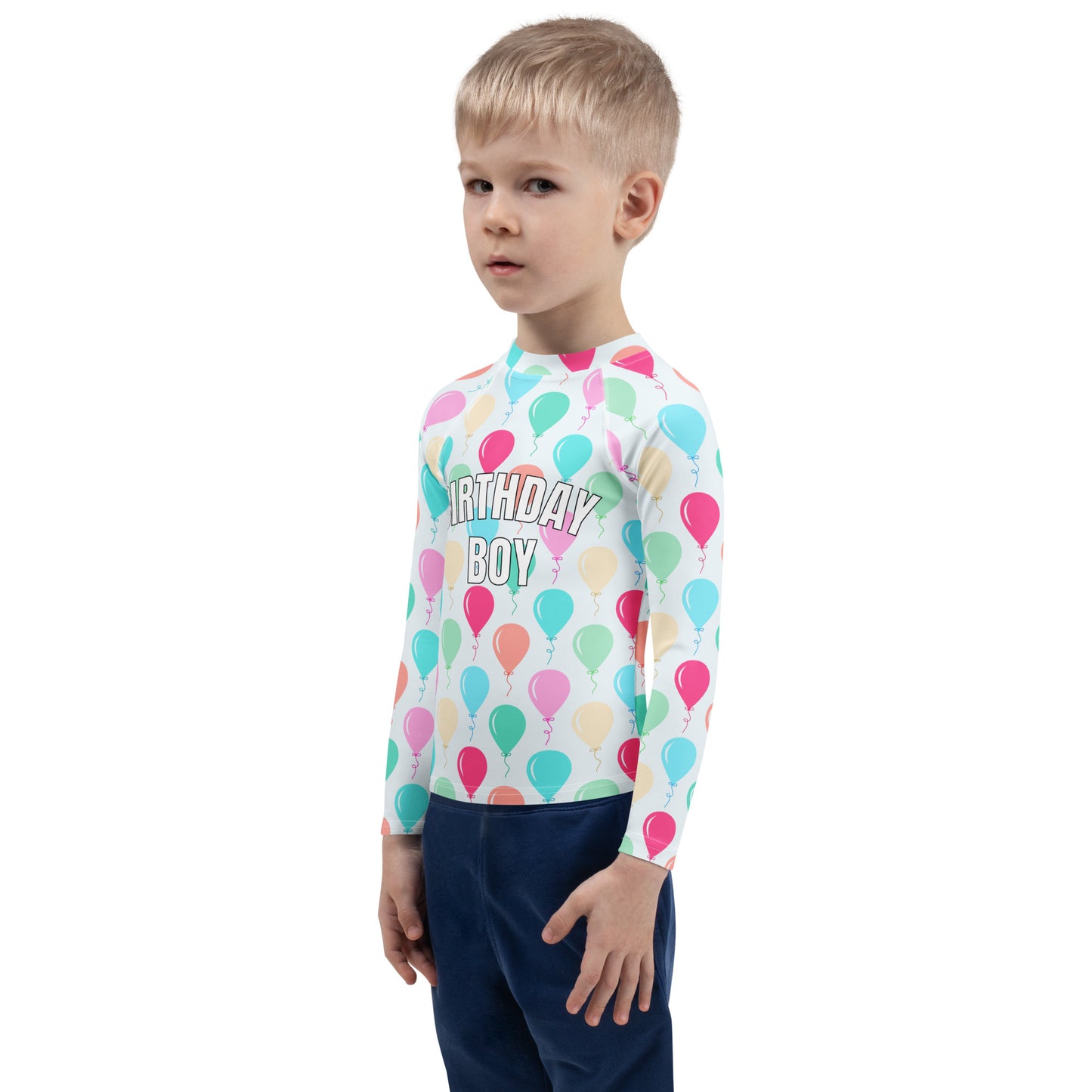 Birthday Boy Colorful Balloons Long Sleeve Rash Guard Swim Shirt With UPF 50+
