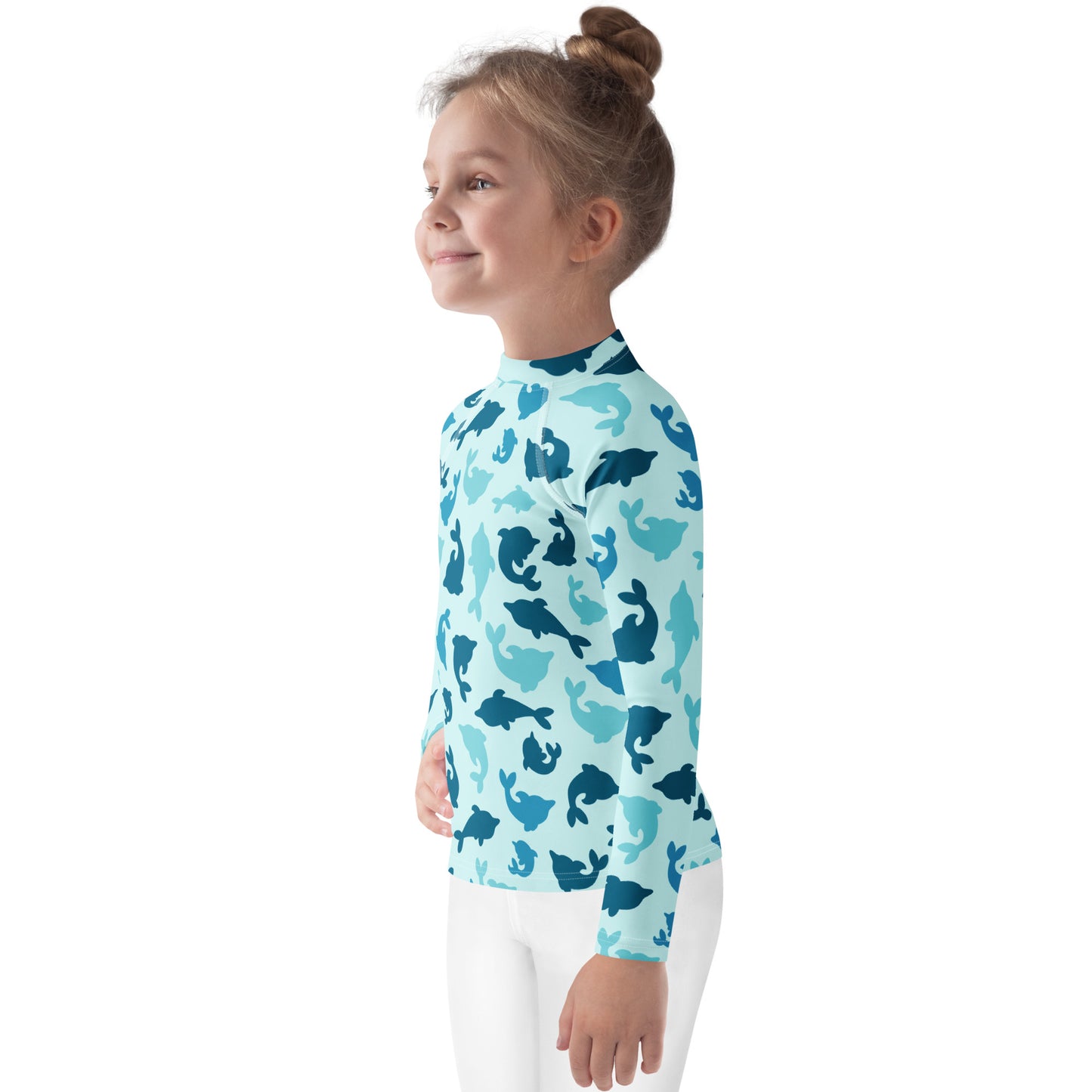Kids Blue Dolphin Long Sleeve Rash Guard Swim Shirt With UPF 50+