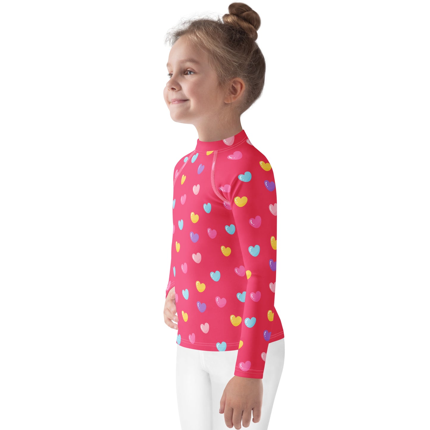 Girls Colorful Hearts Pink Long Sleeve Rash Guard Swim Shirt With UPF 50+