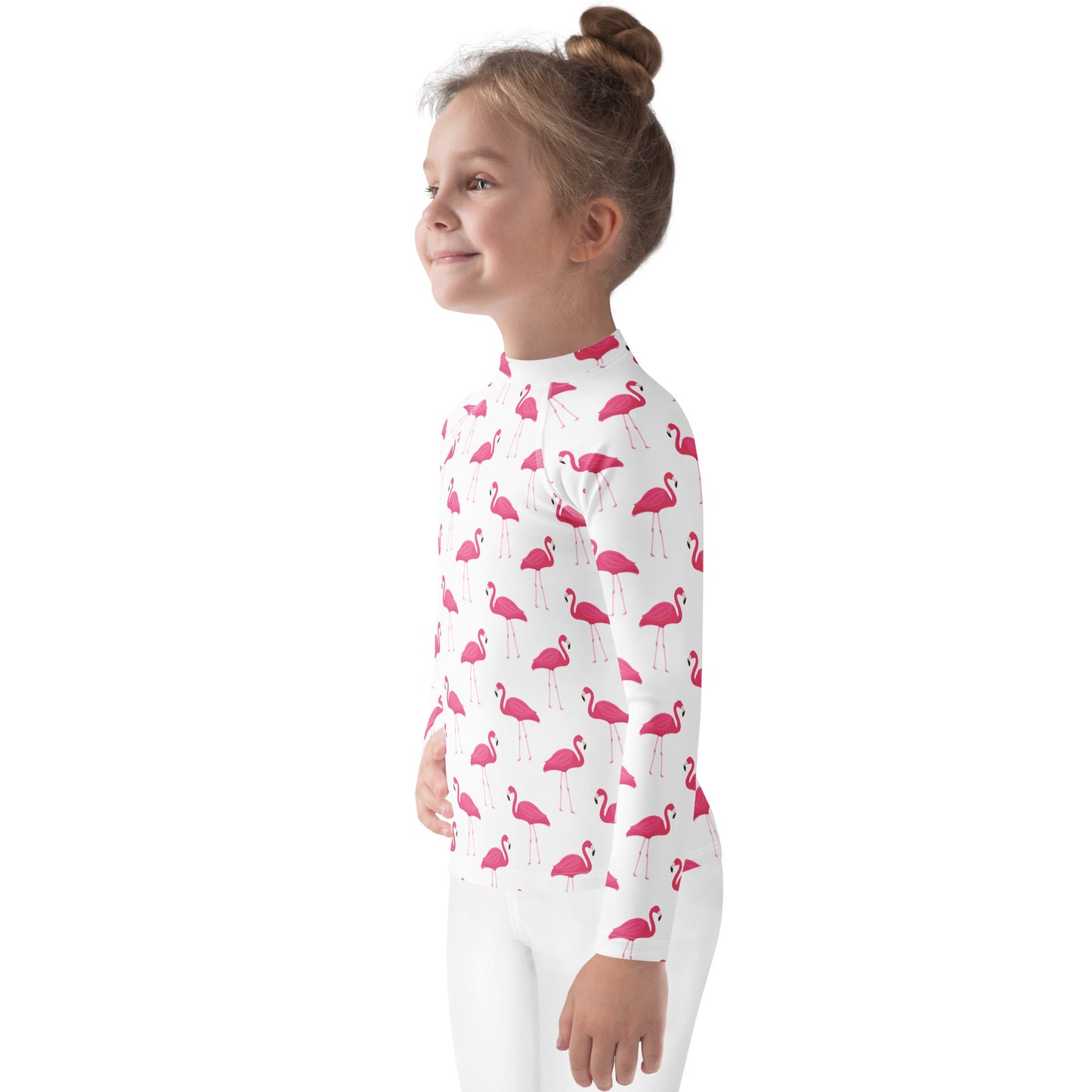 Kids Pink Flamingo Long Sleeve Rash Guard Swim Shirt With UPF 50+