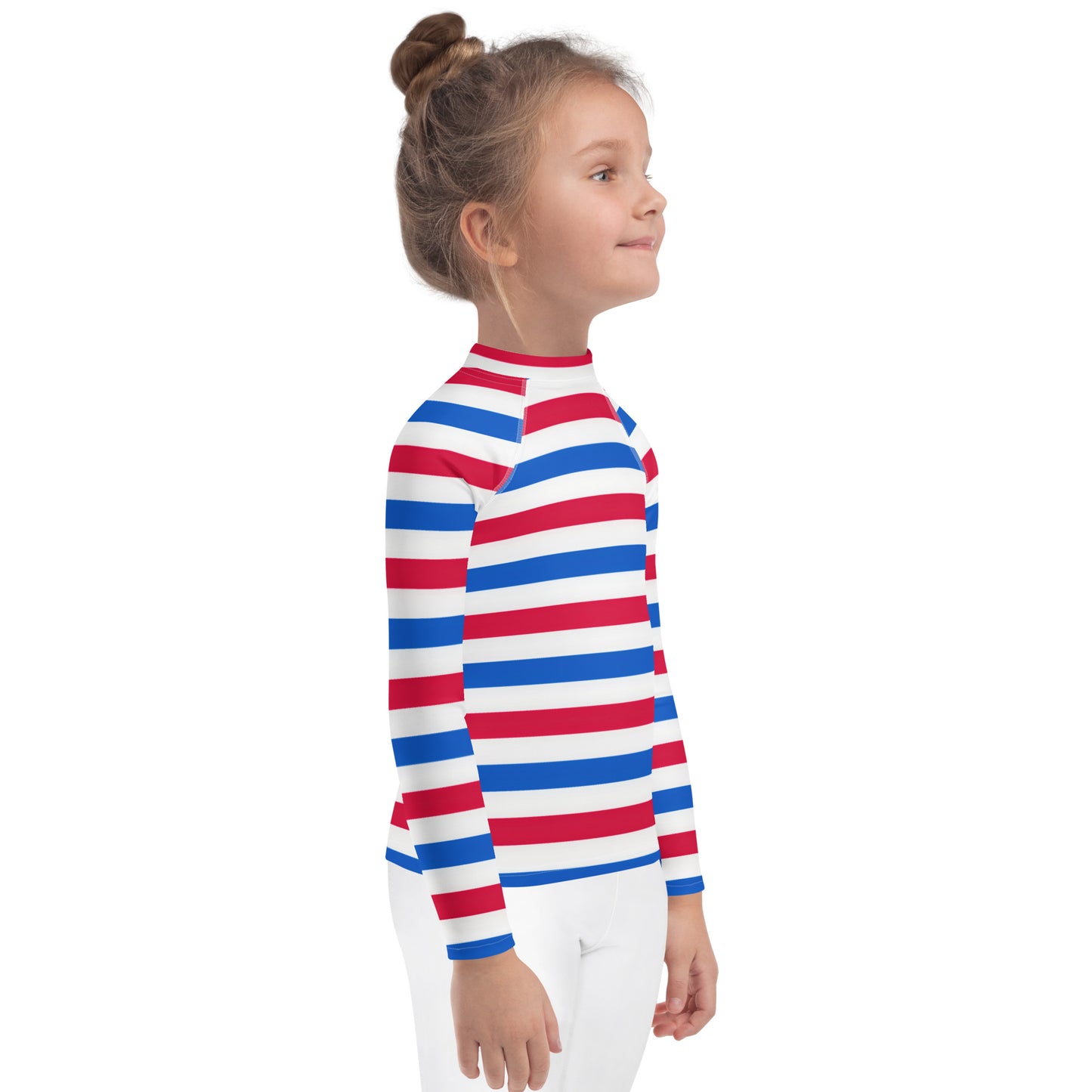 Kids Red, White & Blue USA Striped Long Sleeve Rash Guard Swim Shirt With UPF 50+