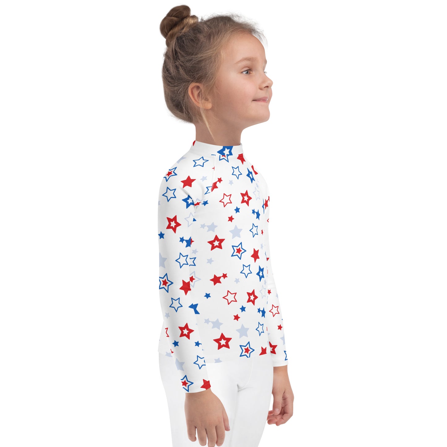 Kids Red, White & Blue Stars USA Long Sleeve Rash Guard Swim Shirt With UPF 50+
