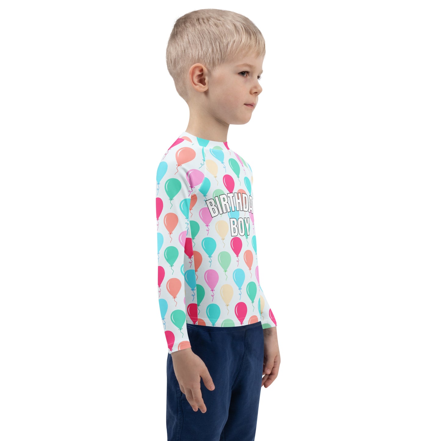 Birthday Boy Colorful Balloons Long Sleeve Rash Guard Swim Shirt With UPF 50+