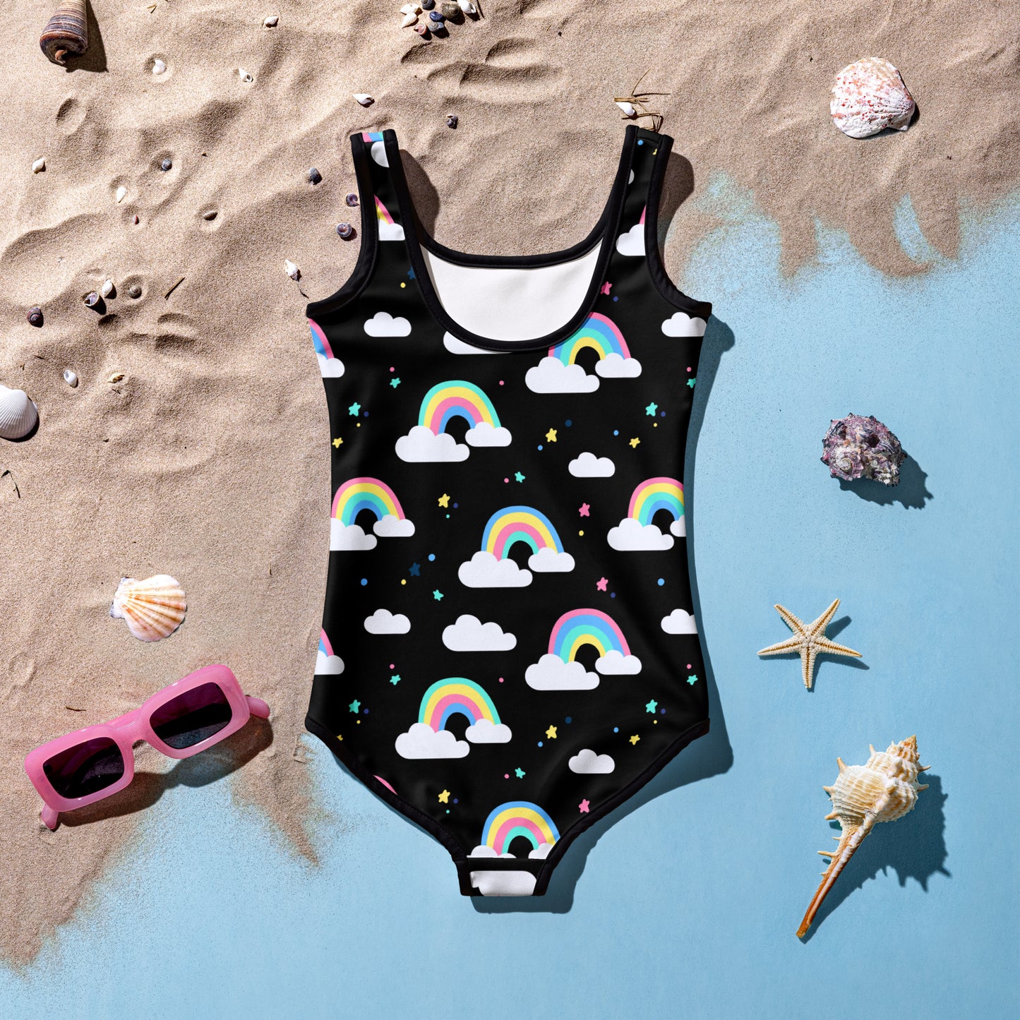 Girls Rainbow Clouds Buttery Soft Swimsuit With UPF 50+