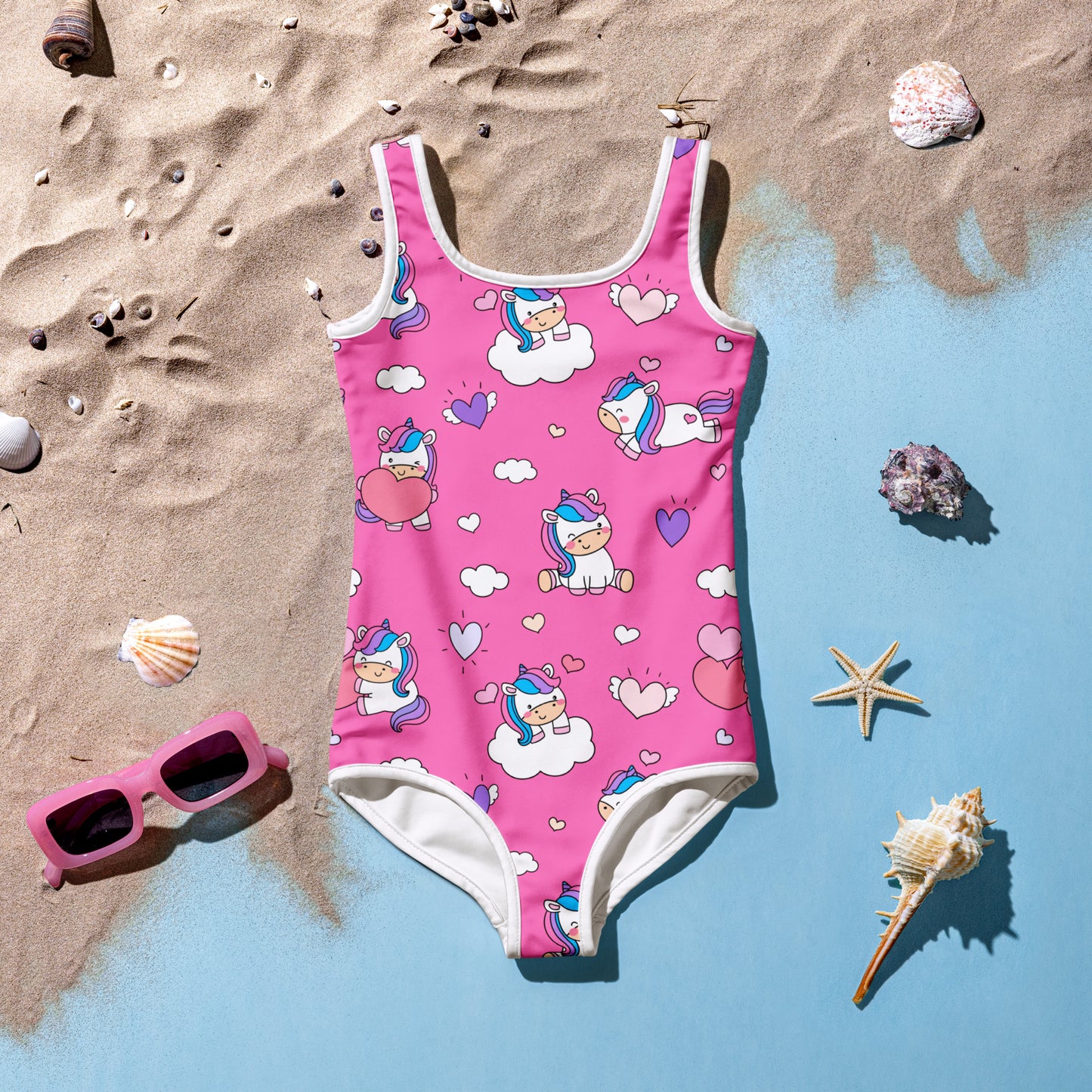 Girls Unicorn Hearts Buttery Soft Swimsuit With UPF 50+