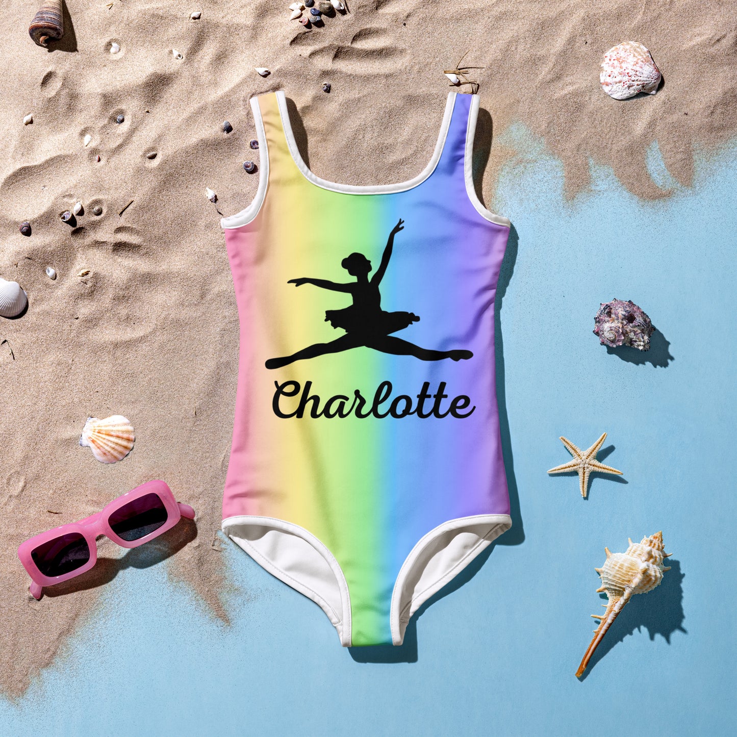Girls Custom Name Ballerina Rainbow Swimsuit – Dance-Themed UPF 50+ Bathing Suit