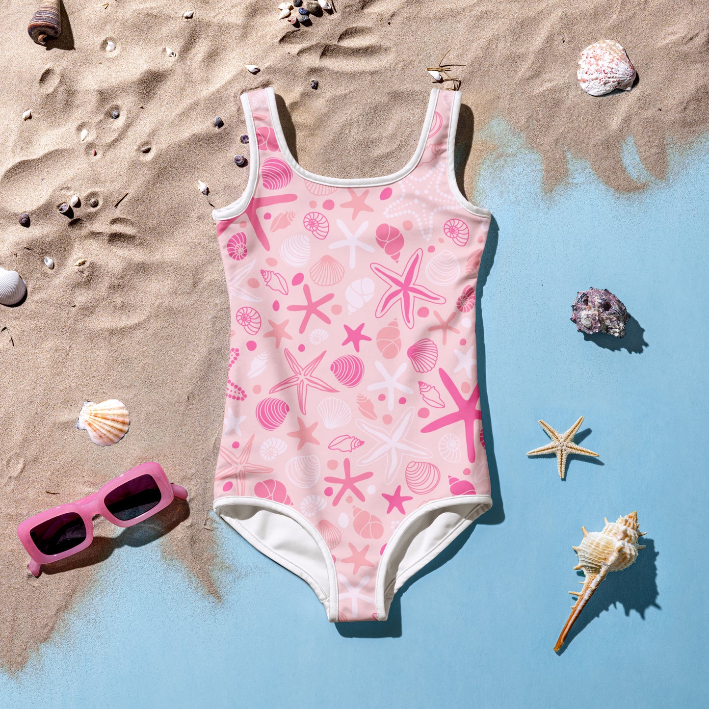 Girls Pink Starfish & Seashell Buttery Soft Swimsuit With UPF 50+