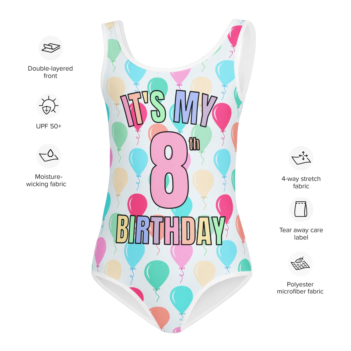 Girls Rainbow Balloon Custom Age It's My Birthday Swimsuit