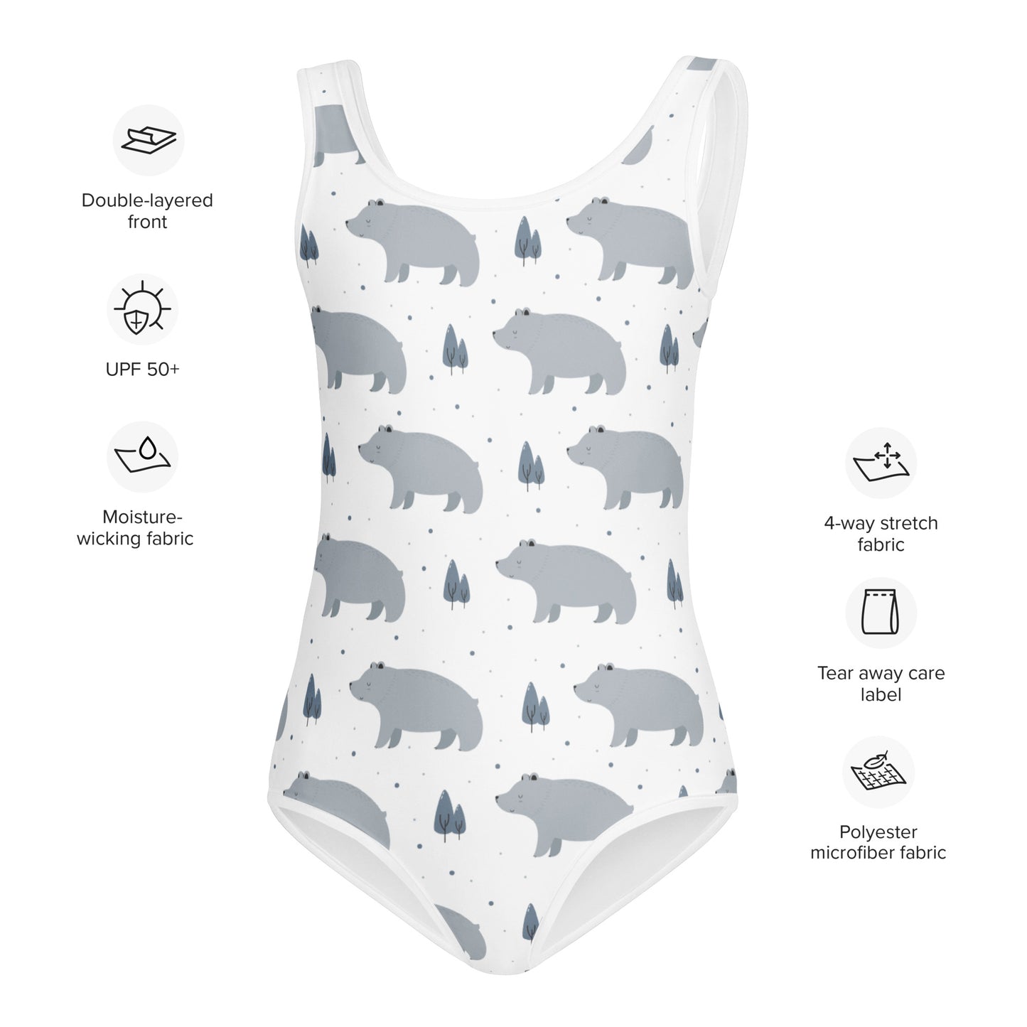 Girls White Gray Bear Buttery Soft Leotard - Quick Drying For Dance and Gymnastics