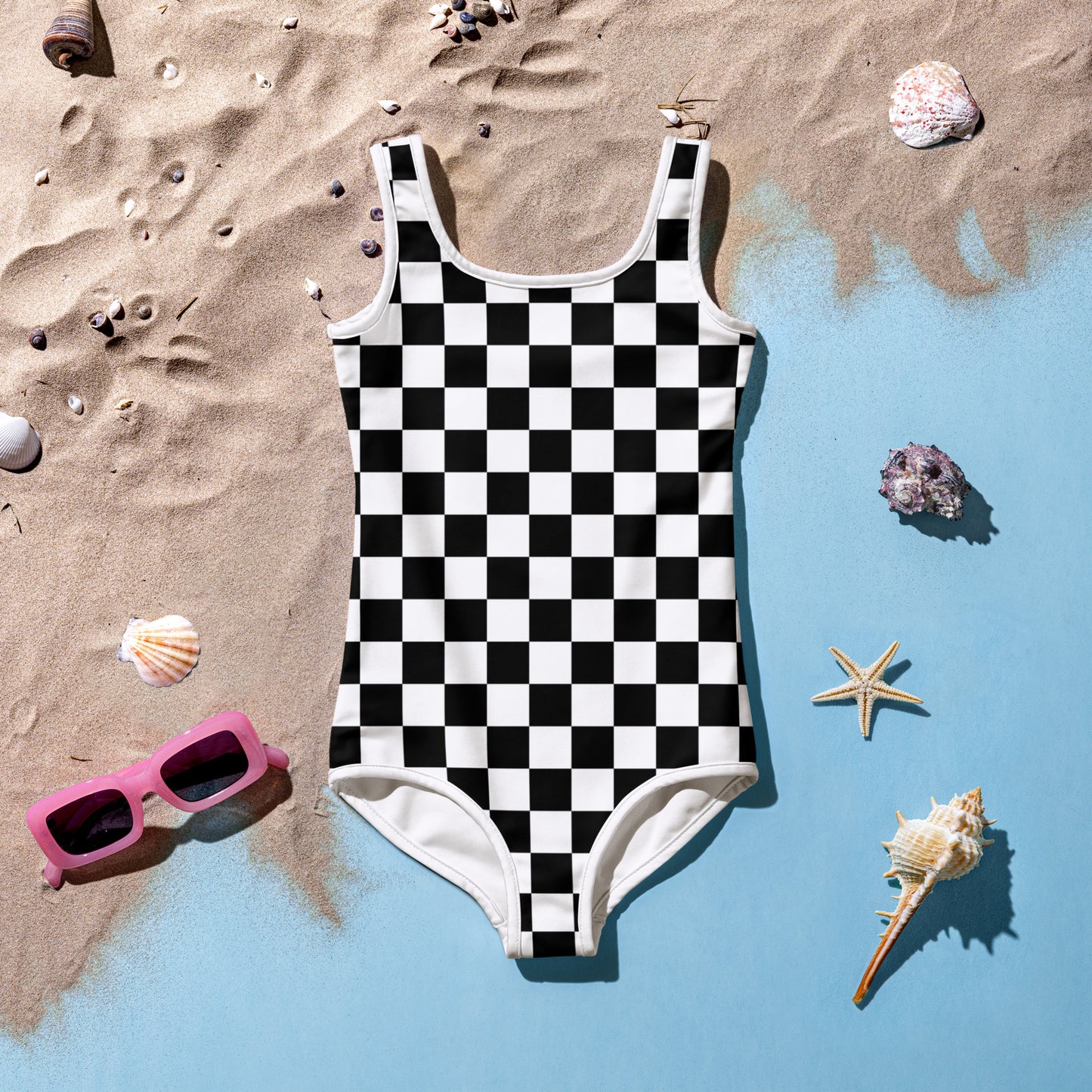 Girls Black and White Checkerboard Buttery Soft Swimsuit With UPF 50+